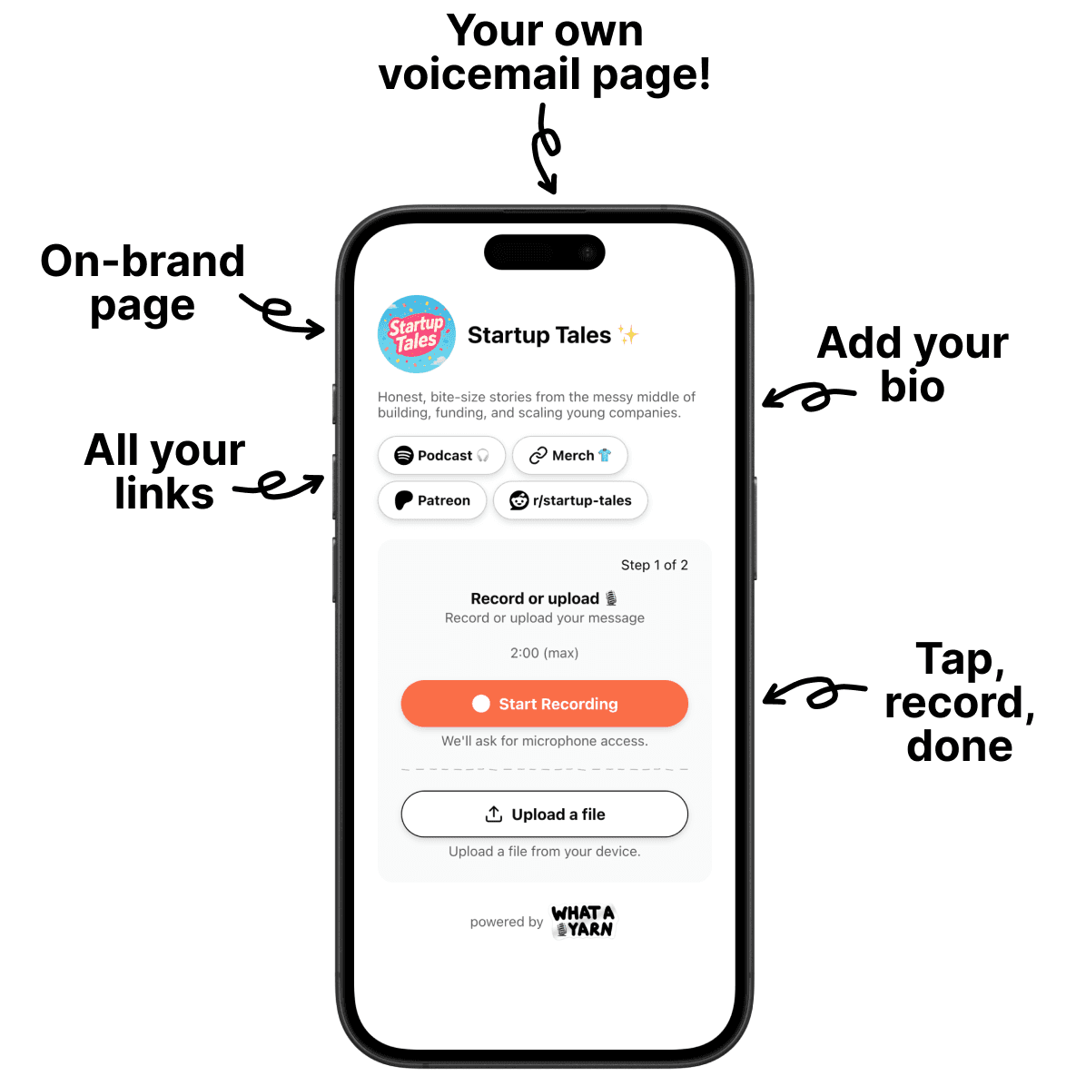 An example of a voicemail page your listeners send messages to (built with whatayarn)