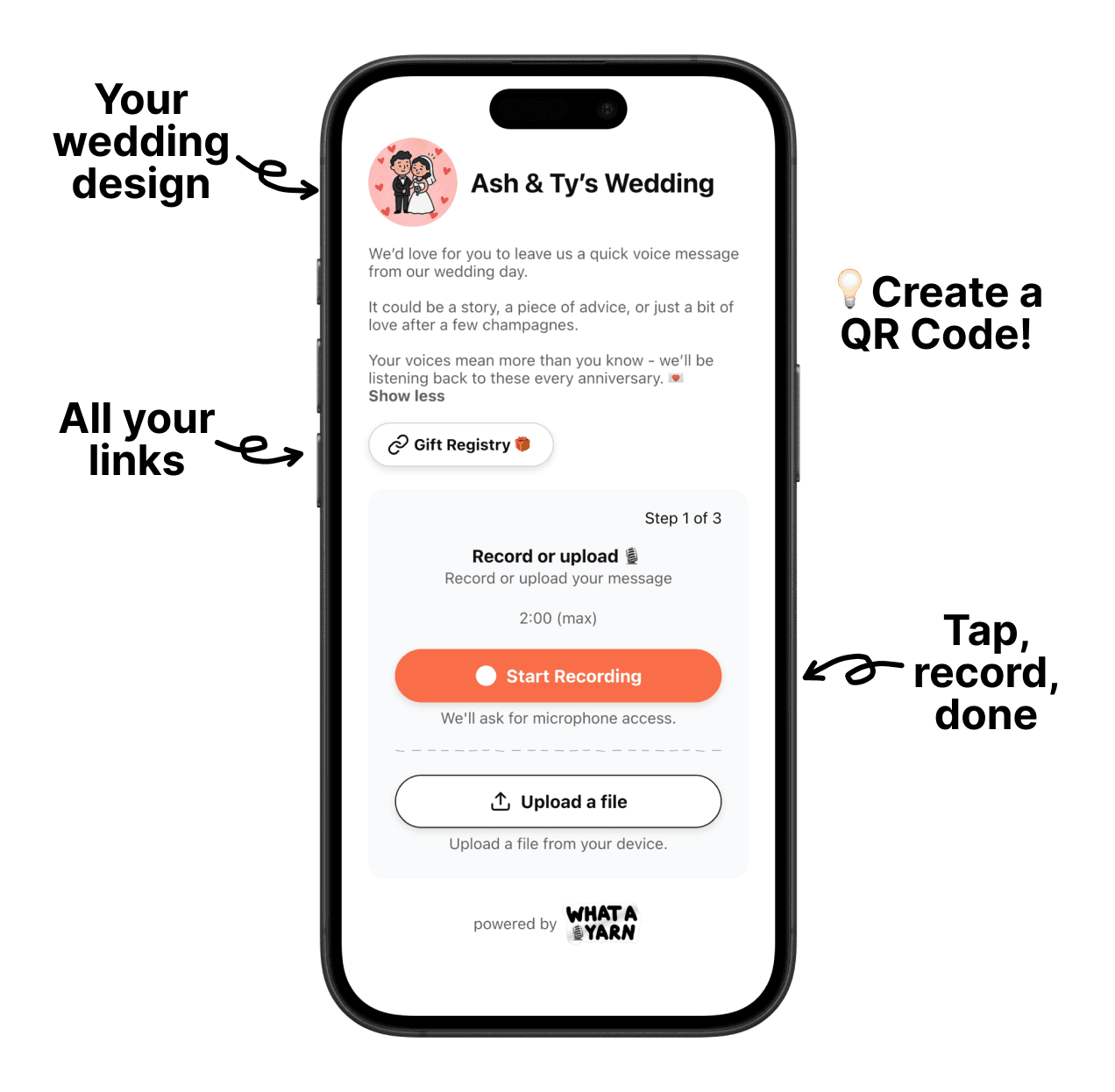 Guests scanning a QR code to leave a quick voice message for the couple
