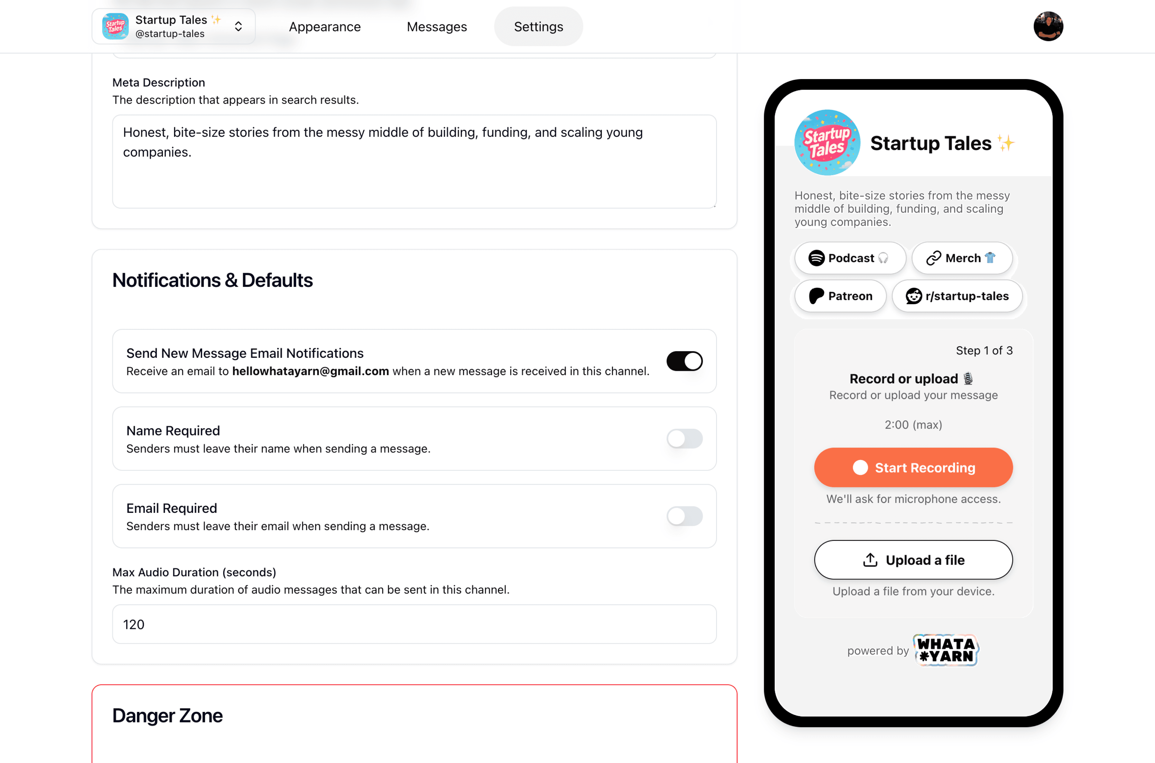 Whatayarn settings panel for controlling recording limits and requirements
