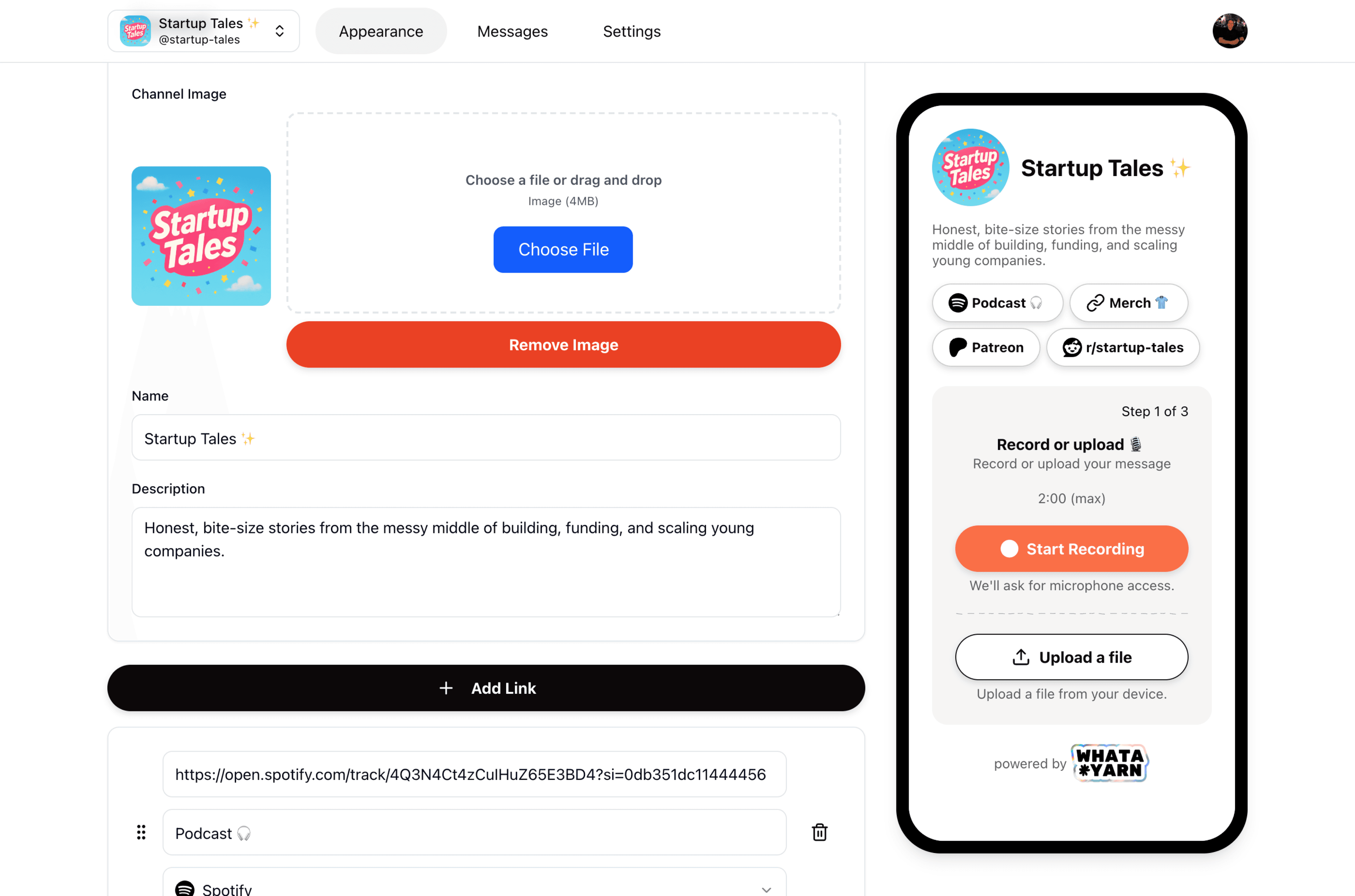 Whatayarn customisation interface showing page settings and avatar upload