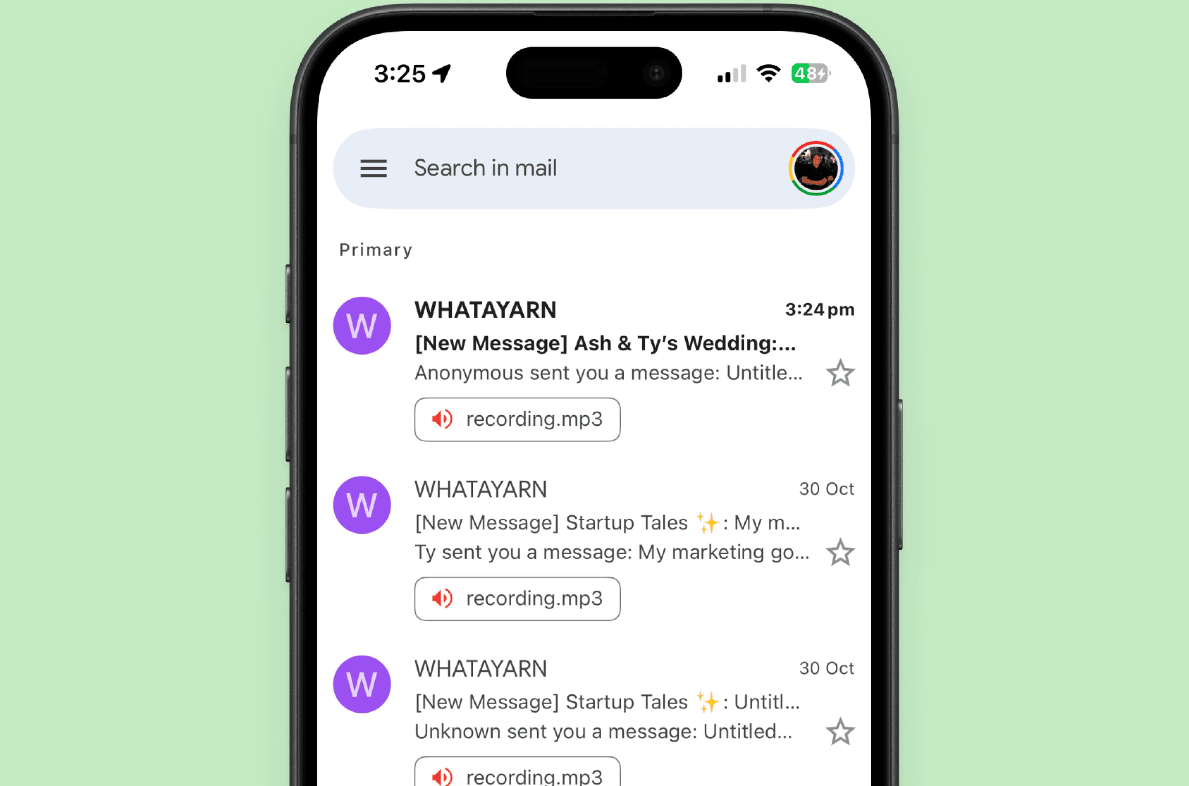 Whatayarn email inbox showing received MP3 message attachments