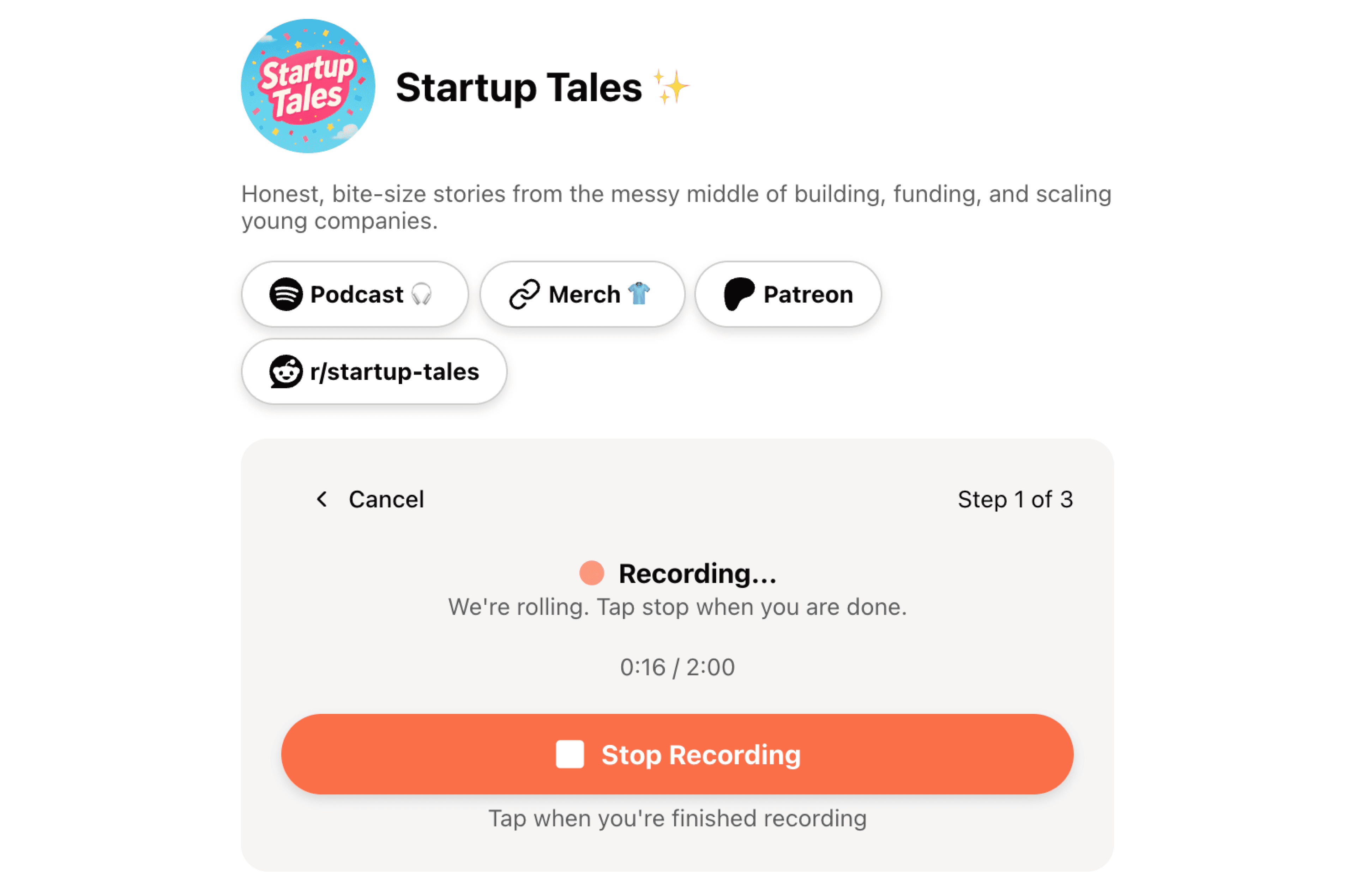 Whatayarn recording interface with one-tap recording button
