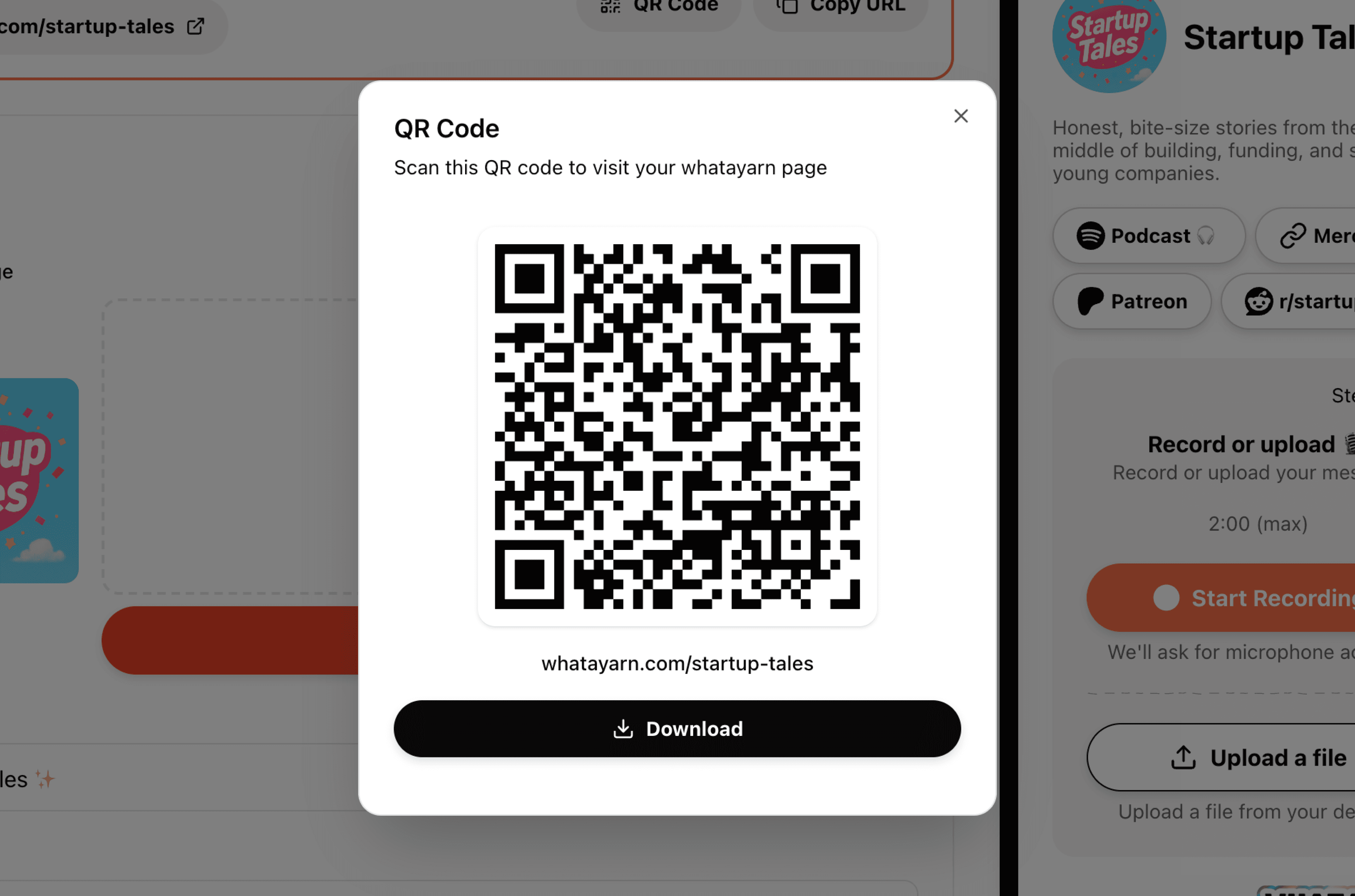 Whatayarn sharing options including social media and QR code