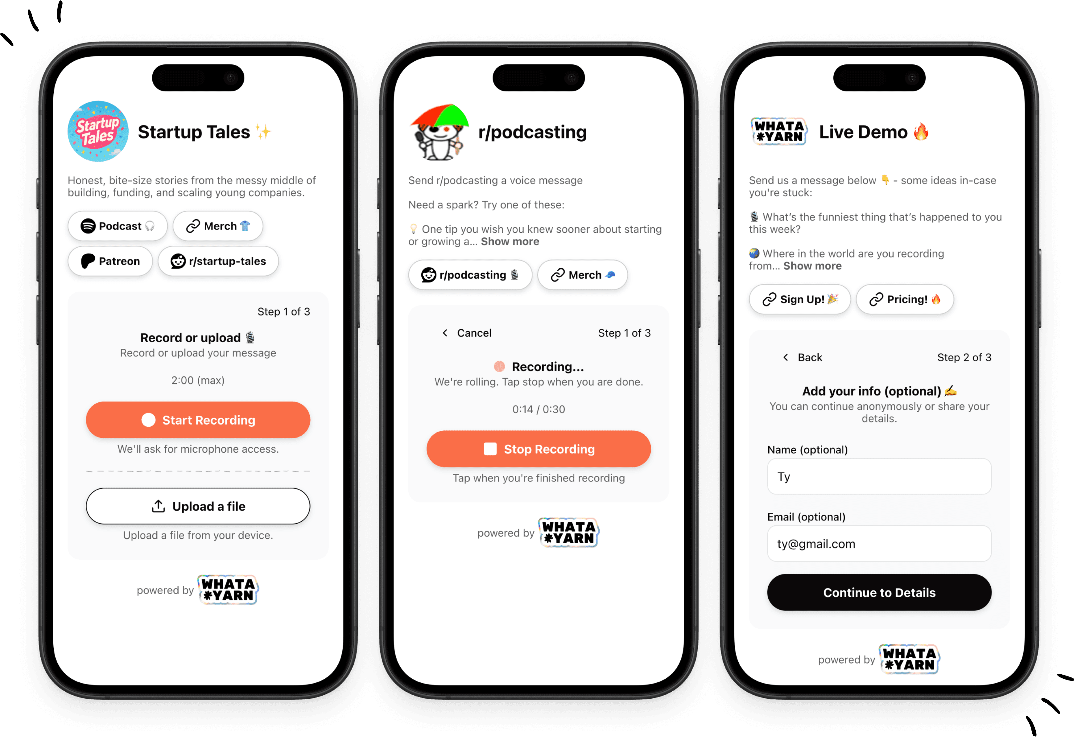 Whatayarn mobile interface showing example channels with recording and identity collection steps