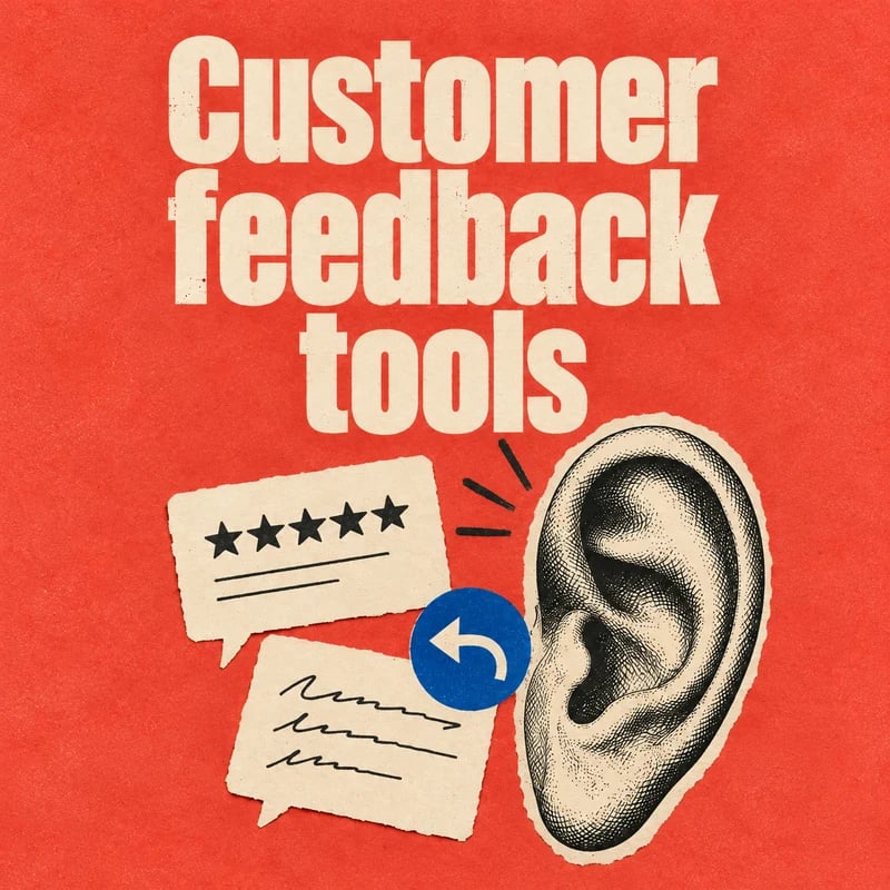 Customer feedback tools in cream lettering on coral paper beside an engraved ear, paper speech cards and a cobalt reply arrow.