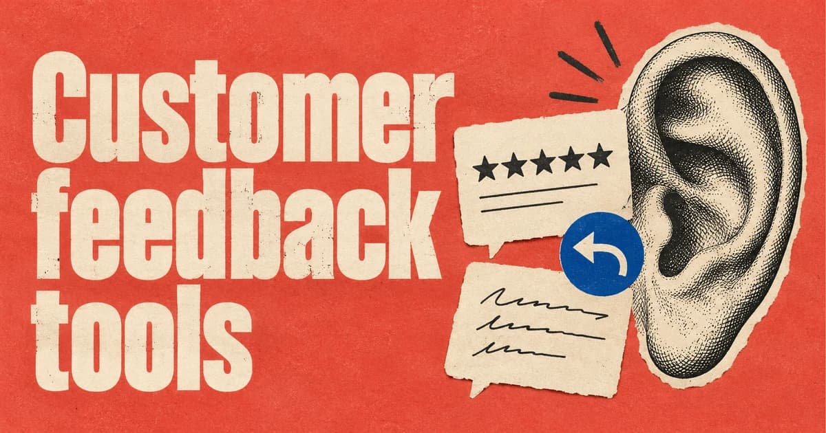 Customer feedback tools in cream lettering on coral paper beside an engraved ear, paper speech cards and a cobalt reply arrow.