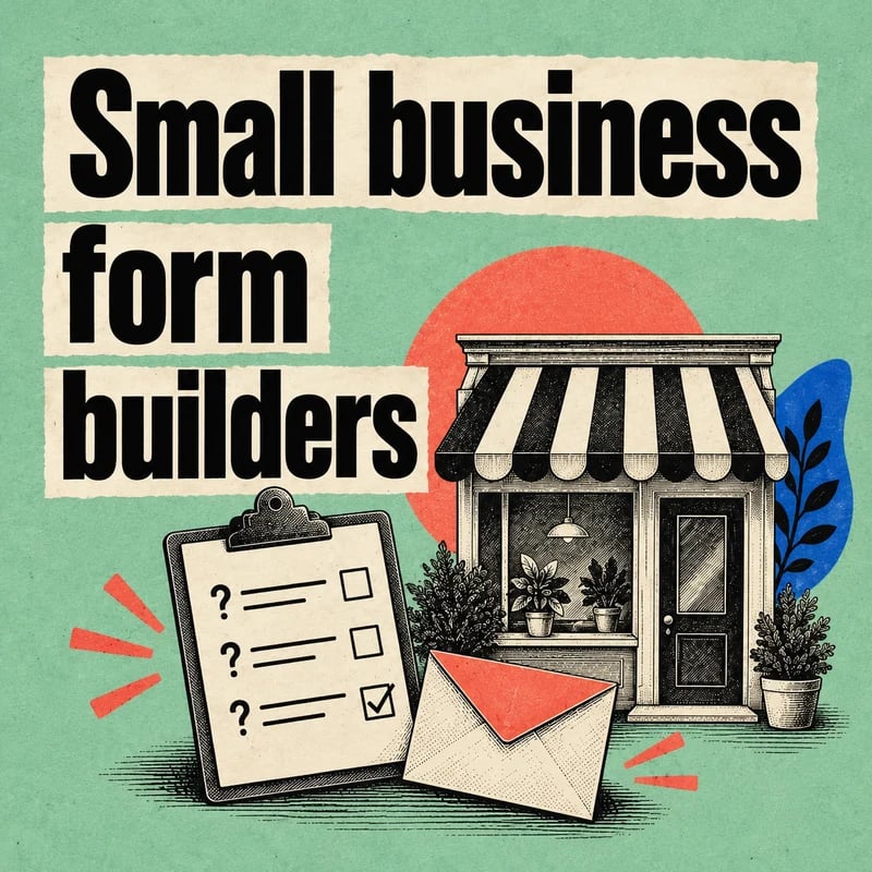Small business form builders in black lettering on mint paper beside an engraved storefront, clipboard and envelope.