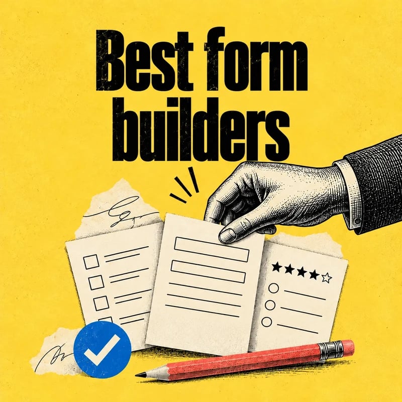 Best form builders in black lettering on yellow paper beside an engraved hand choosing questionnaires, a blue checkmark and a coral pencil.
