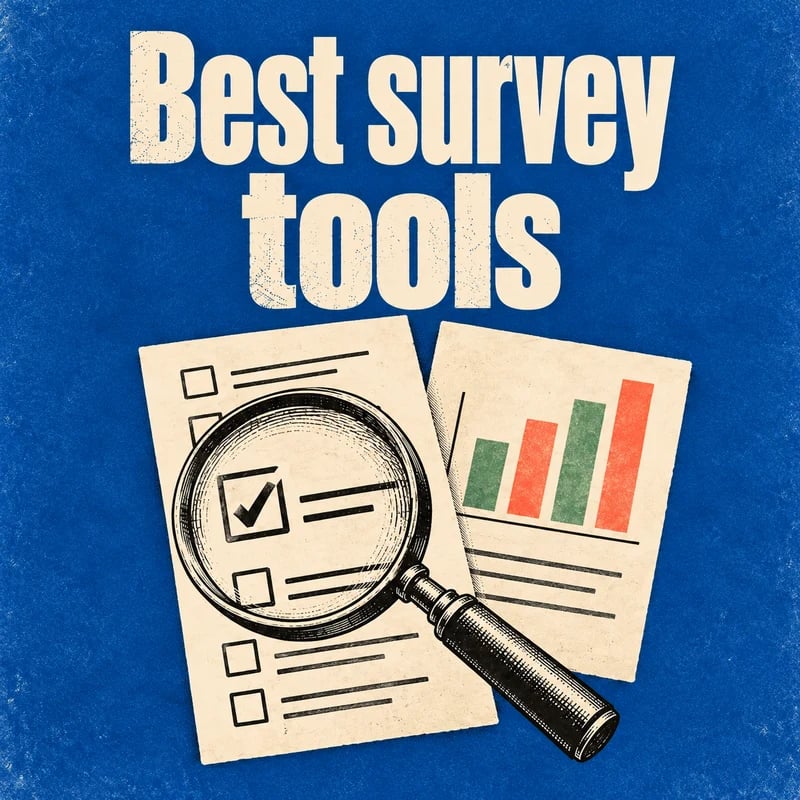 Best survey tools in cream lettering on cobalt paper beside an engraved magnifying glass, questionnaire and coral-and-green bar chart.