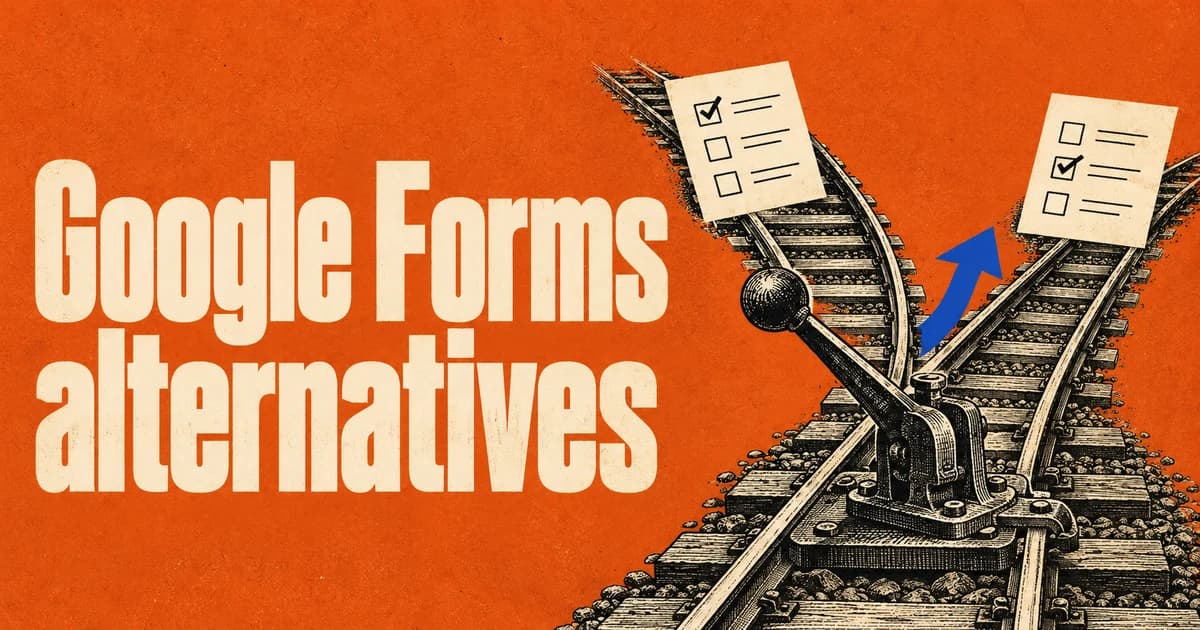 Cream Google Forms alternatives lettering on orange paper beside an engraved railway switch, diverging tracks and questionnaire cards.