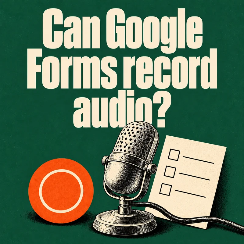 Can Google Forms record audio? Cream poster lettering beside an engraved microphone, questionnaire and orange recording symbol on forest green.