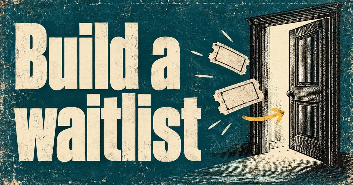 Cream Build a waitlist lettering on teal paper beside engraved admission tickets, an opening doorway and a yellow arrow.