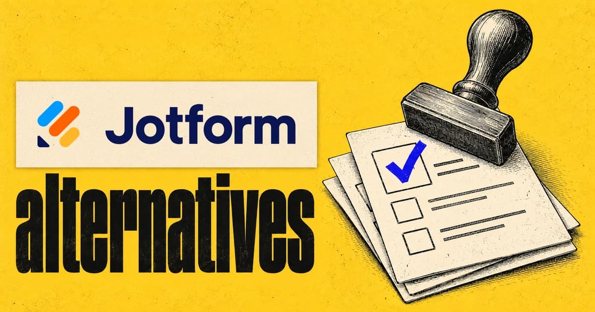 The Jotform logo on a cream paper label above the word alternatives in black lettering on mustard yellow paper, beside an engraved rubber stamp over a stack of forms with a blue tick.