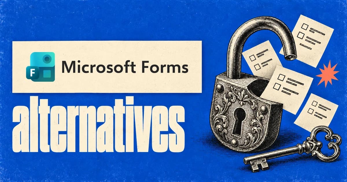 The Microsoft Forms logo on a cream paper label above the word alternatives in cream lettering on cobalt blue paper, beside an engraved open padlock, a key and question cards.