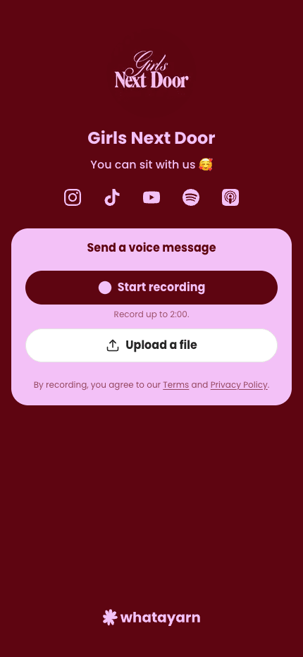 Girls Next Door whatayarn voicemail page with burgundy and pink branding