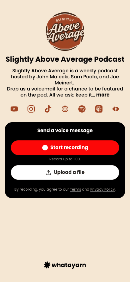 Slightly Above Average Podcast whatayarn voicemail page with a cream theme and black recording panel