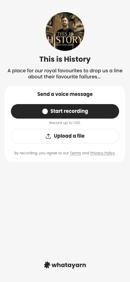 This is History whatayarn voicemail page with a clean white and charcoal theme