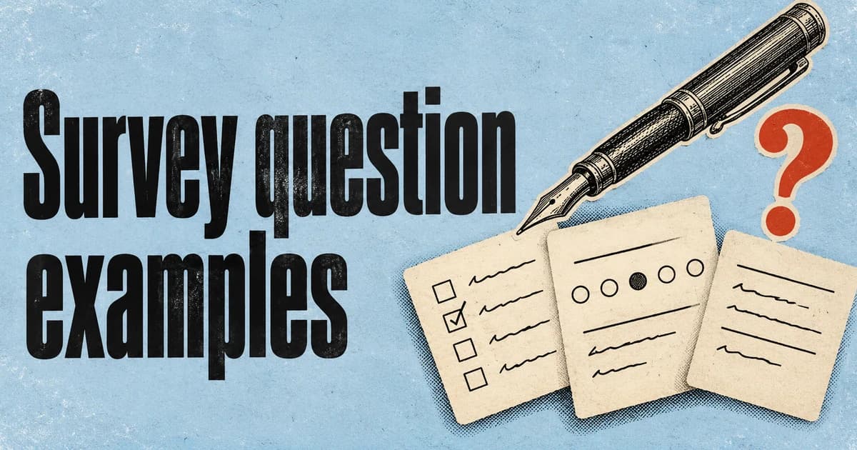 Dark Survey question examples lettering on pale blue paper beside an engraved fountain pen and a fan of cream question cards.