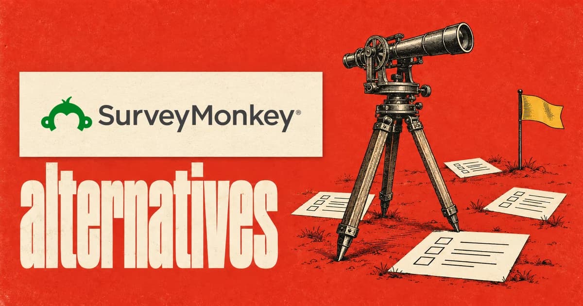 The SurveyMonkey logo on a cream paper label above the word alternatives in cream lettering on tomato red paper, beside an engraved surveyor's theodolite and questionnaire cards on the ground.