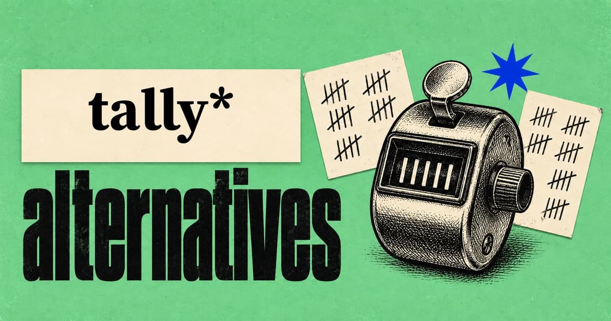 The Tally logo on a cream paper label above the word alternatives in black lettering on mint green paper, beside an engraved tally counter and cards covered in tally marks.