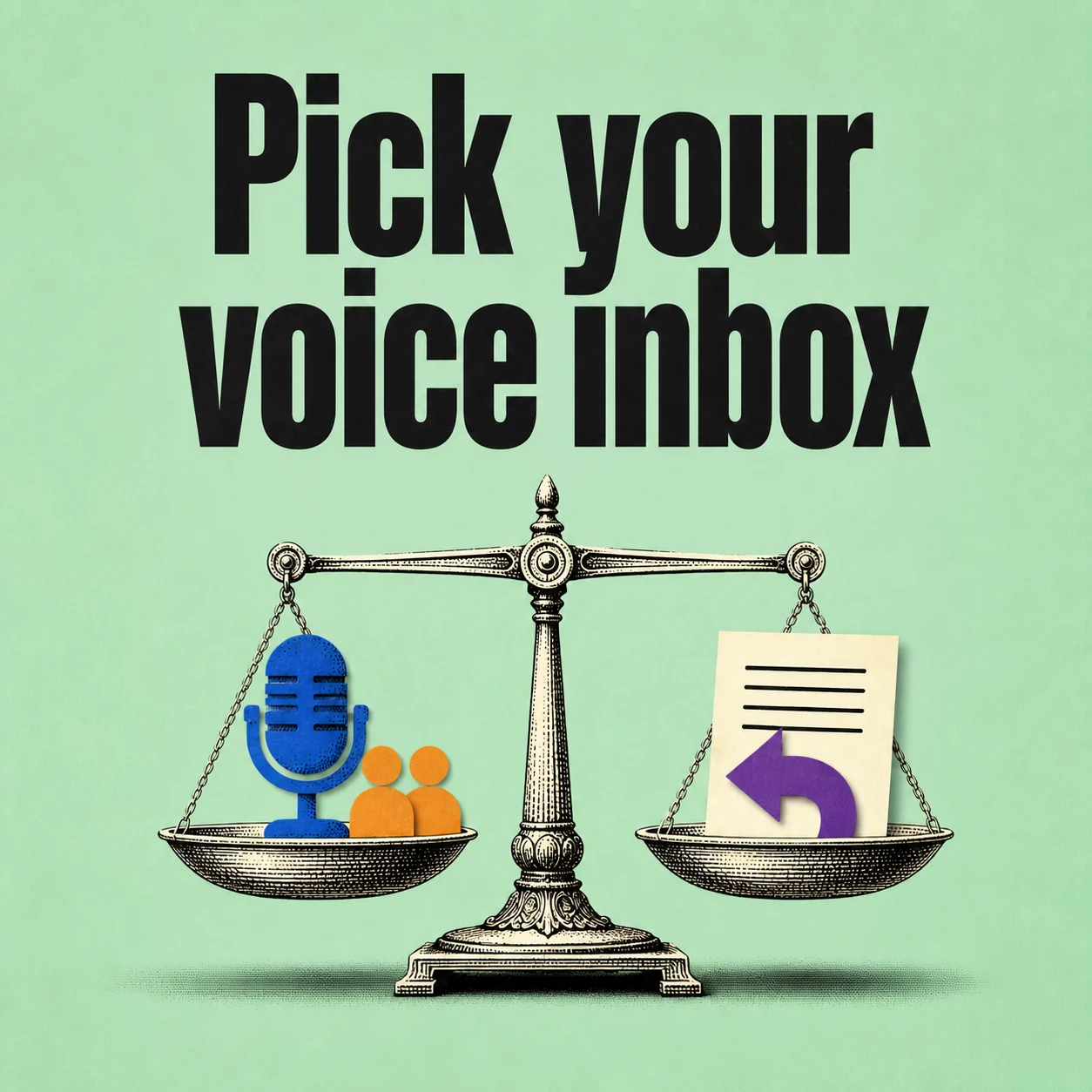 Pick your voice inbox: an engraved balance scale holding microphone, team, transcript and reply icons on mint.