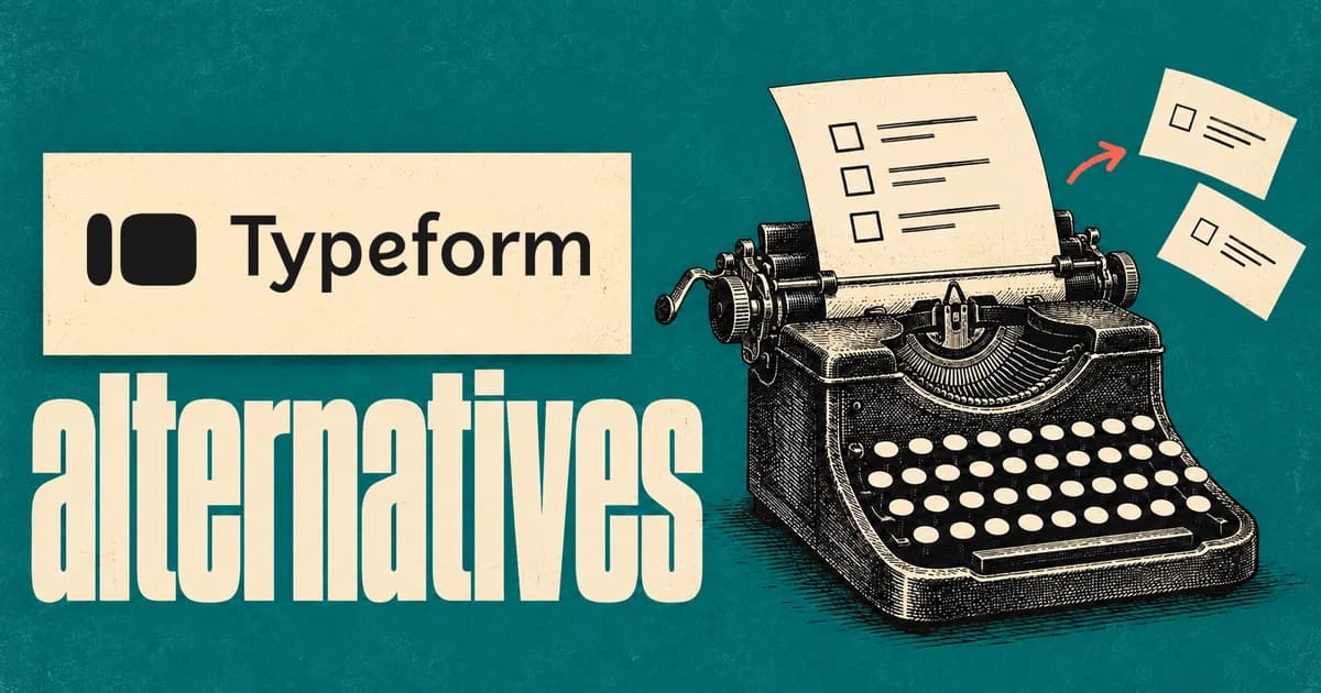 The Typeform logo on a cream paper label above the word alternatives in cream lettering on teal paper, beside an engraved typewriter with question cards flying out.