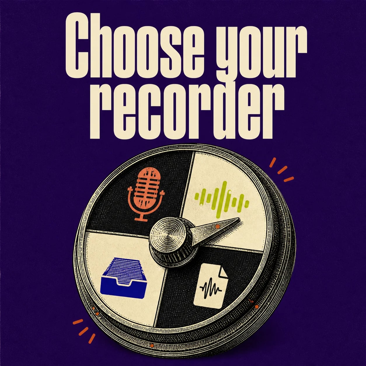 Choose your recorder: an engraved selector dial with microphone, waveform, inbox and audio-file icons on purple.