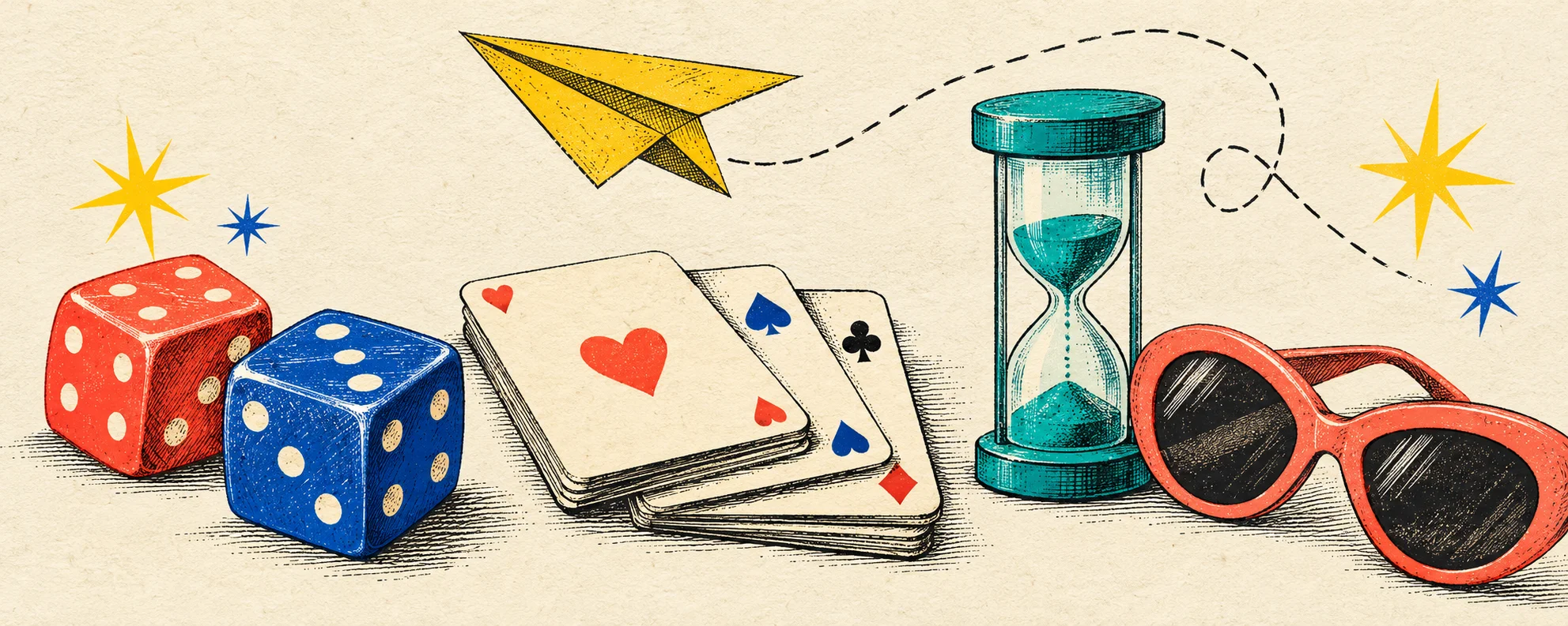 Coral and cobalt dice, playing cards, a teal sand timer, novelty sunglasses and a yellow paper plane.