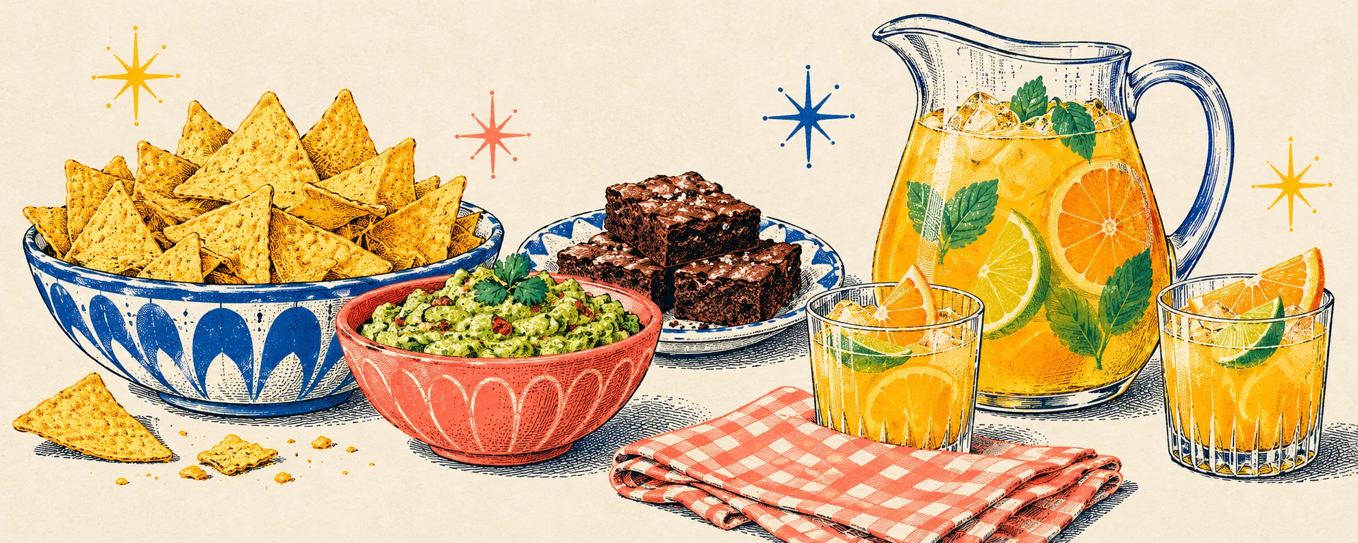 Colourful engraved illustration of chips, dip, brownies and a jug of citrus mocktail on ivory paper.