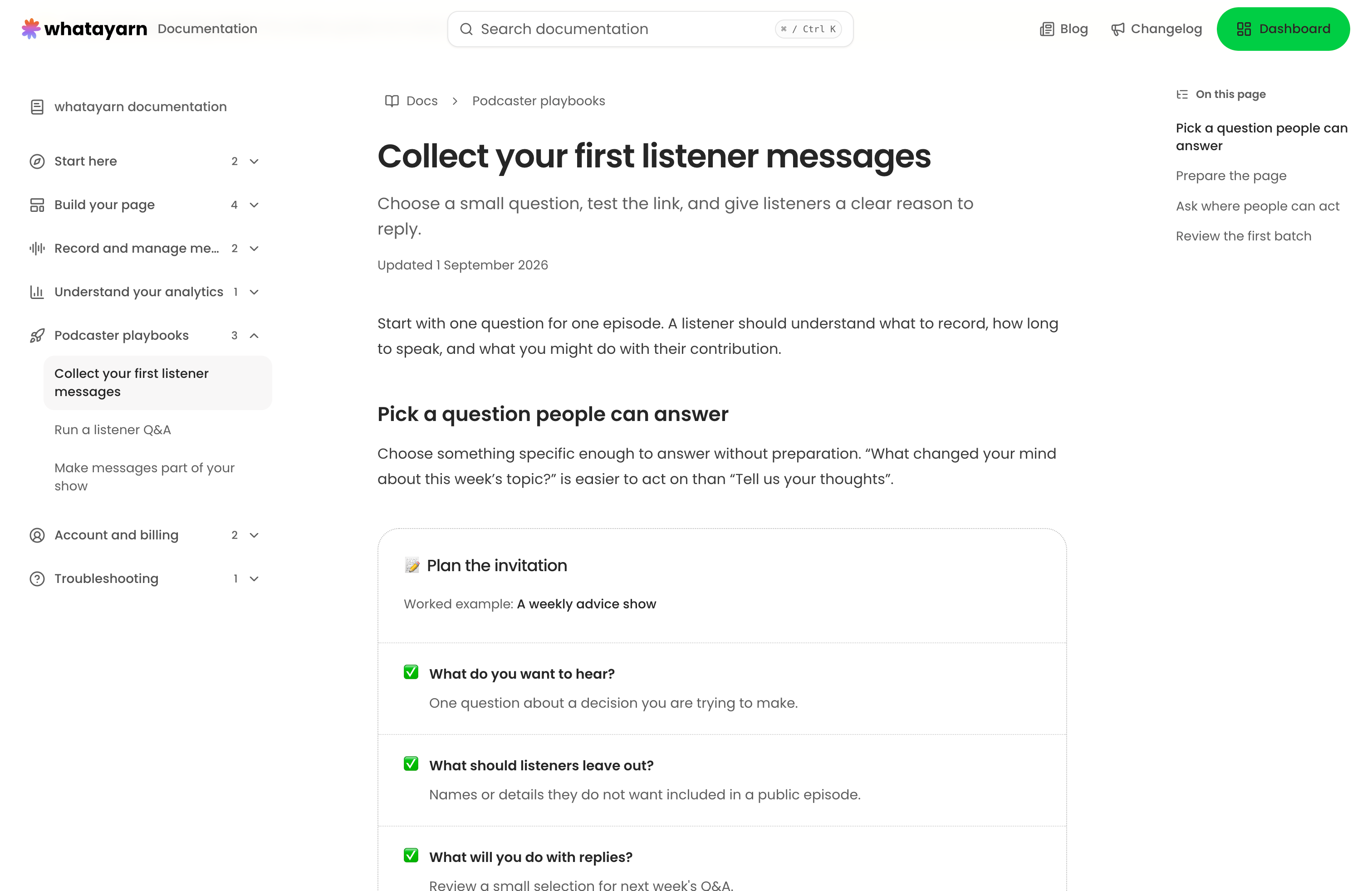 The Collect your first listener messages guide with documentation navigation and an invitation planning worksheet