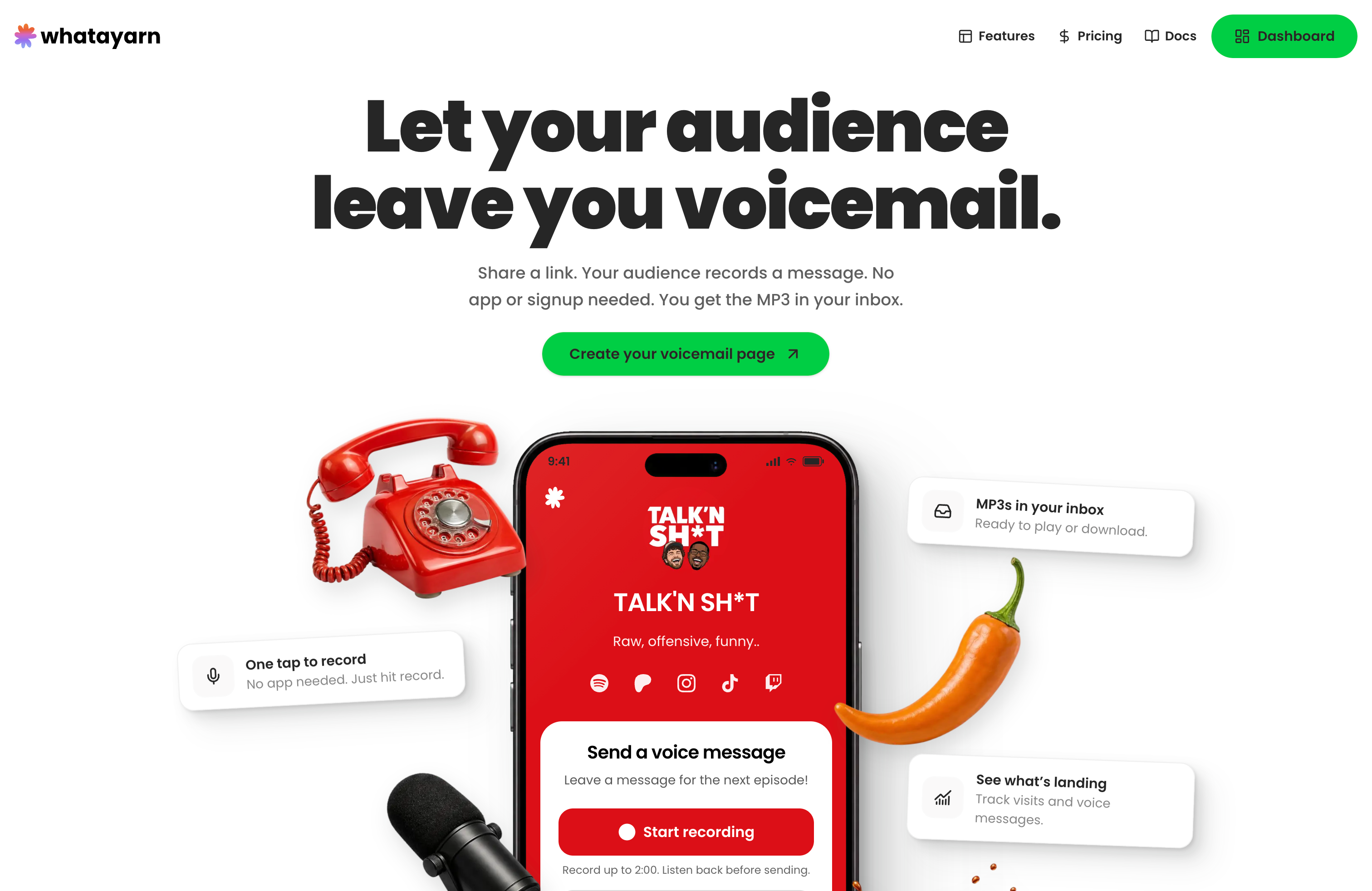 The redesigned whatayarn homepage with a voicemail page preview and a button to create your own page