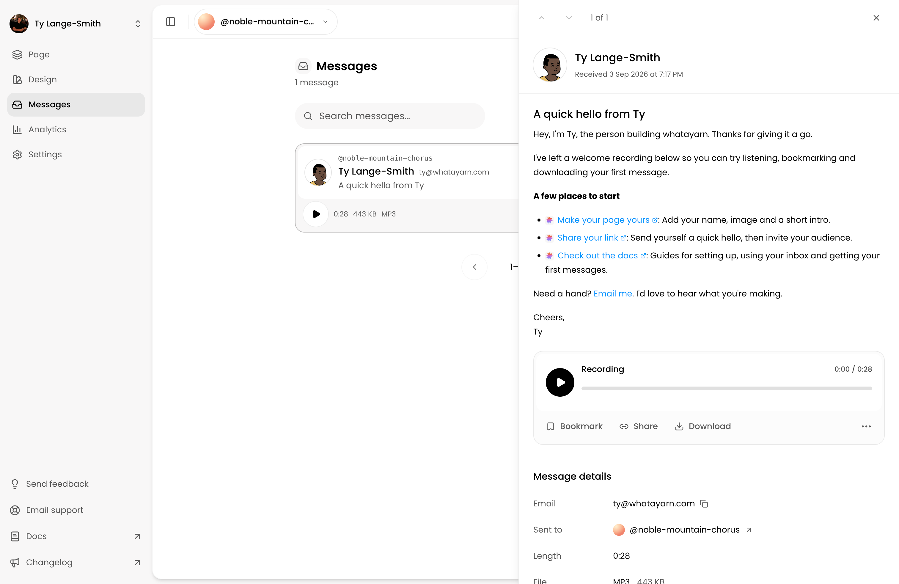 The whatayarn inbox with Ty’s welcome message, an audio player, and bookmark, share, and download controls