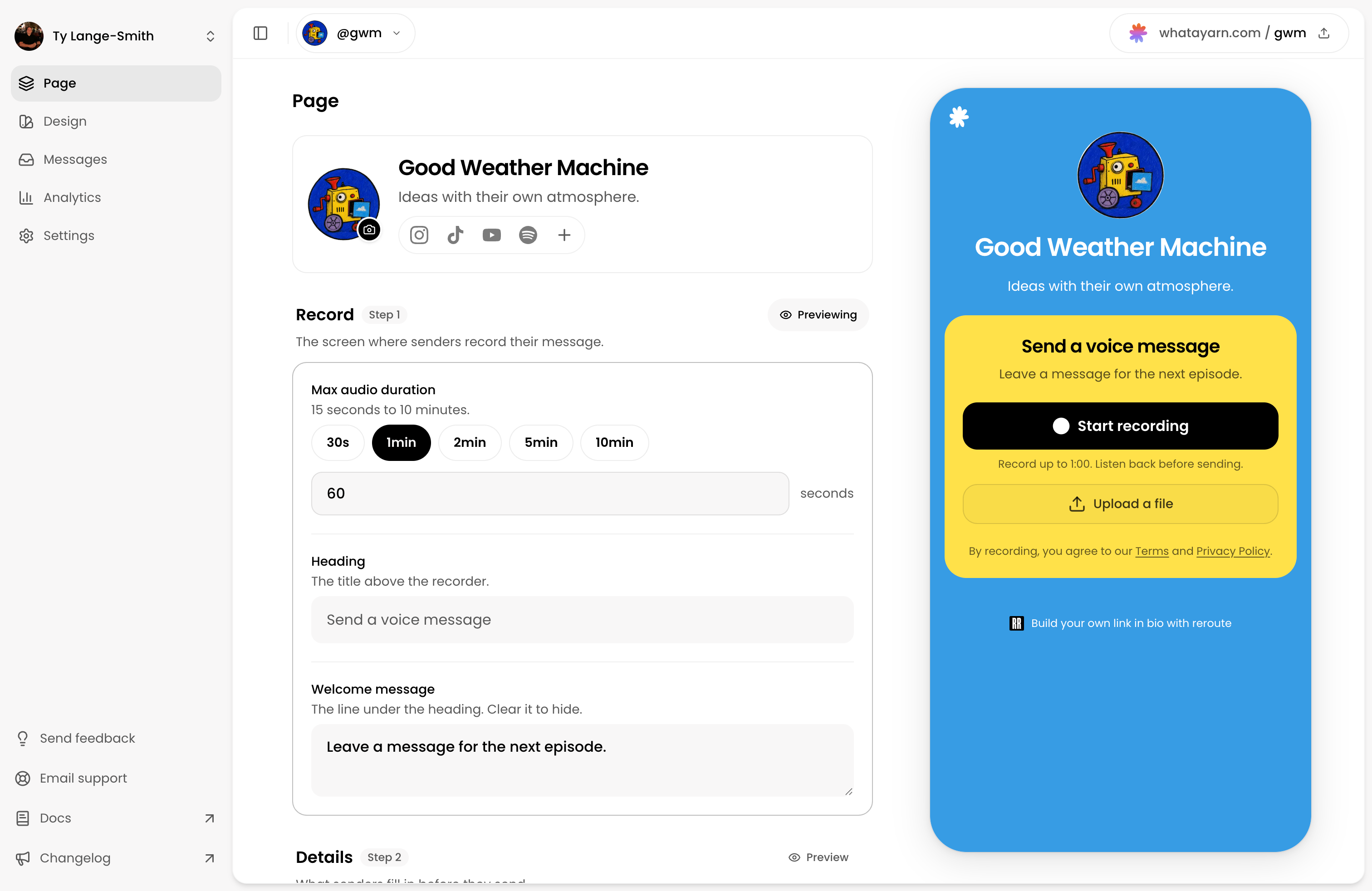 The whatayarn page editor with recording settings for Good Weather Machine and a live preview of its blue and yellow voicemail page