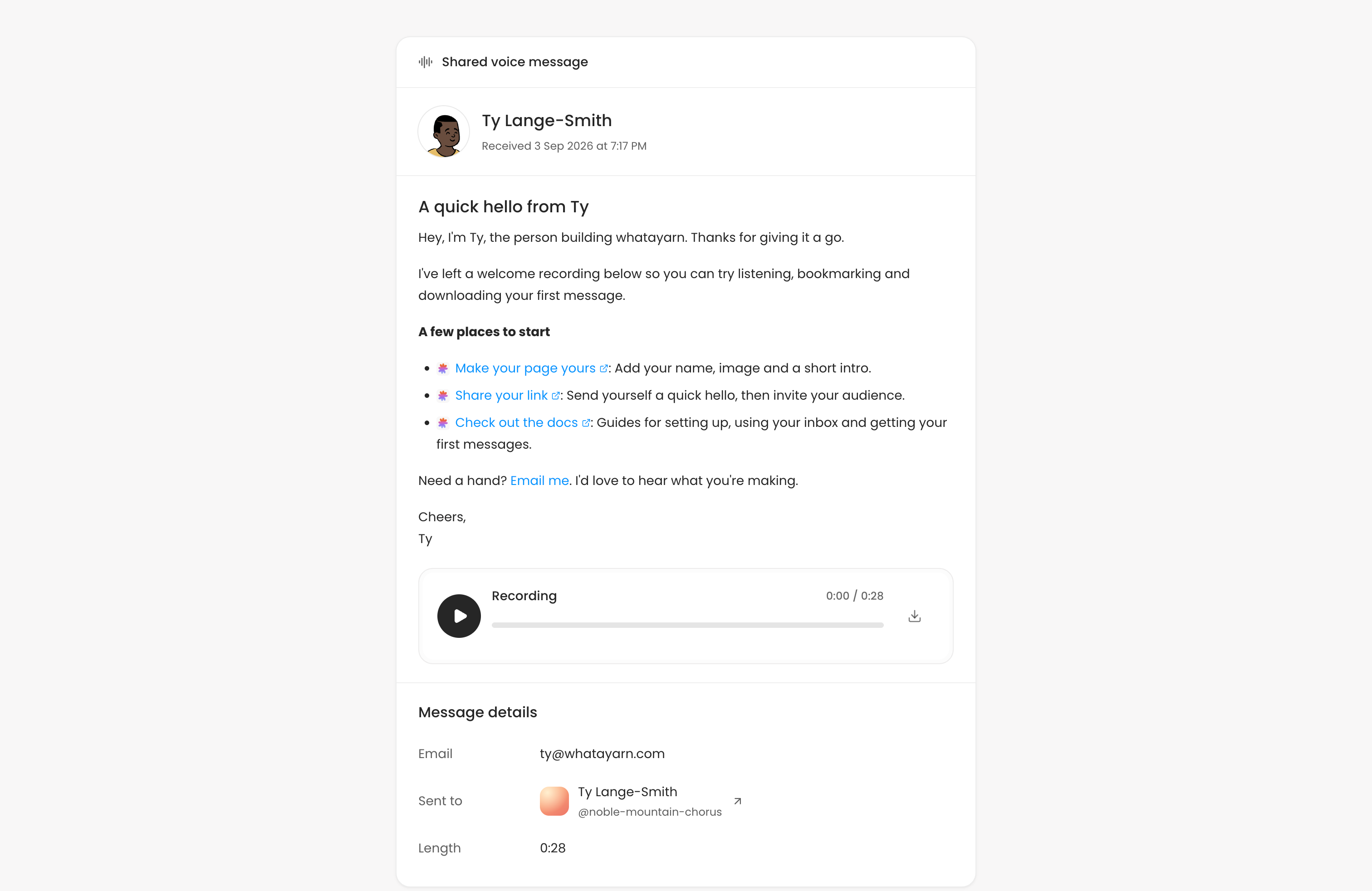 The whatayarn shared listening page showing Ty’s welcome message, an audio player, a download button, and message details