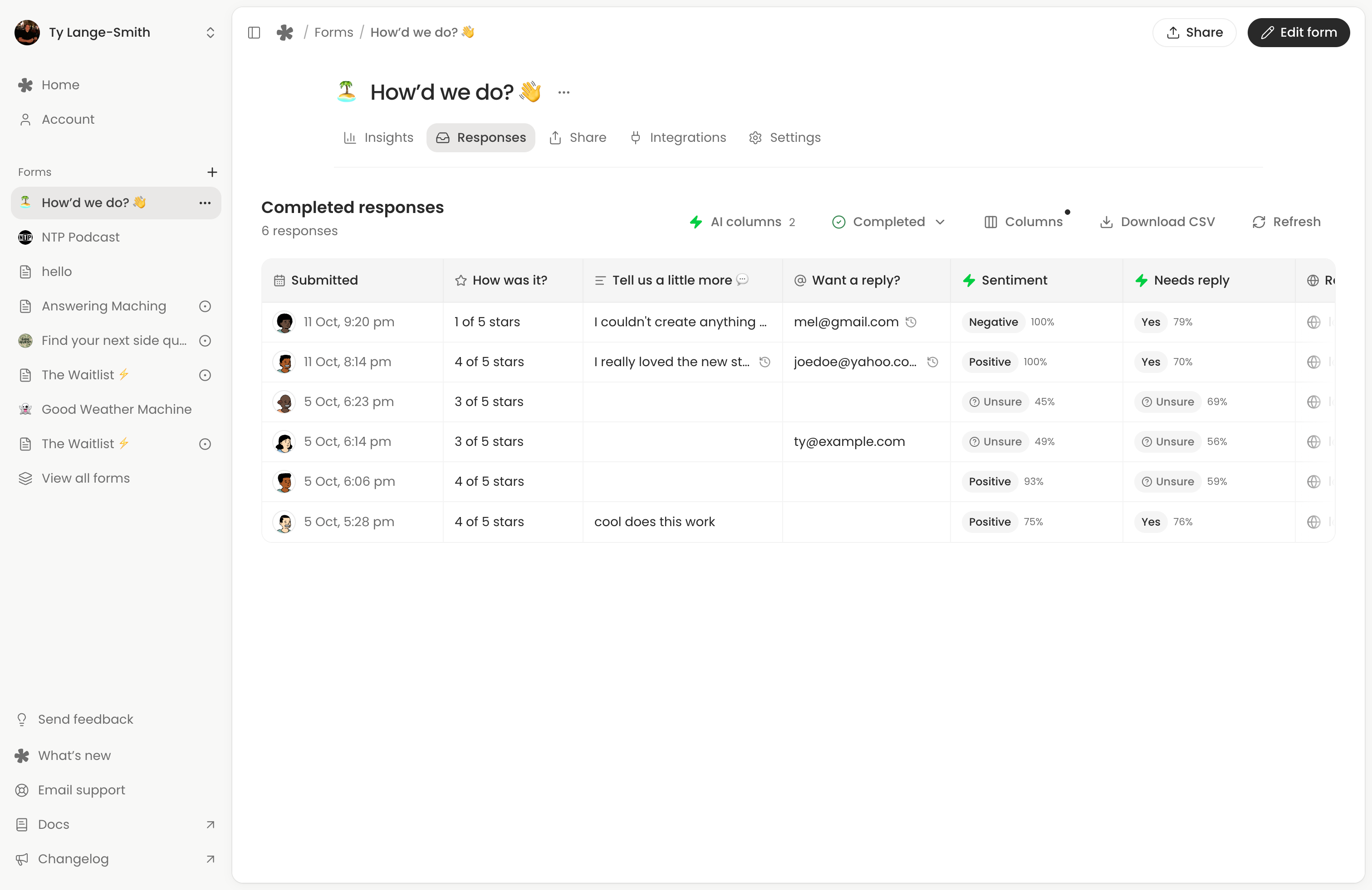 Customer feedback responses with Sentiment and Needs reply AI columns in whatayarn.