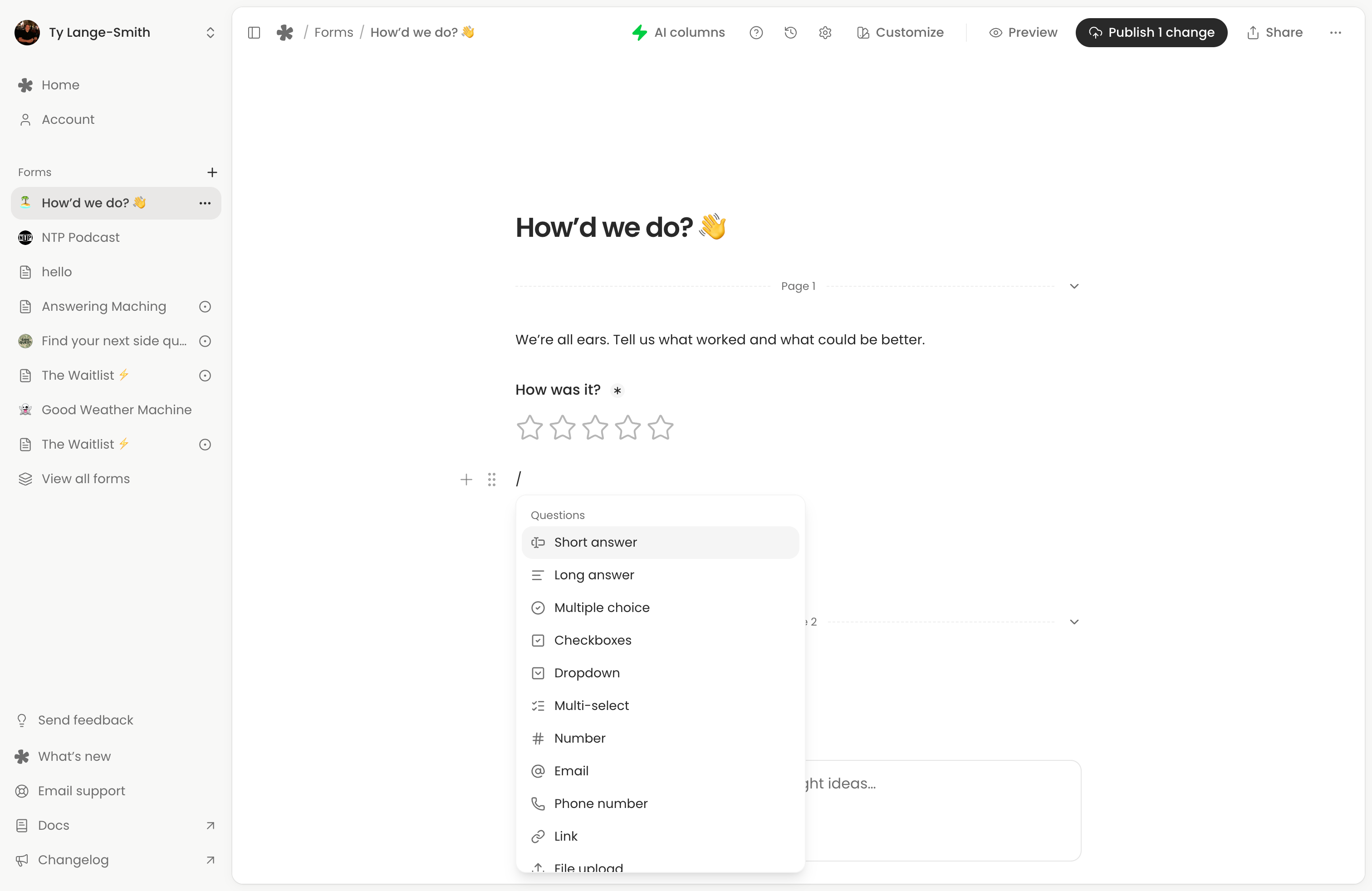The whatayarn form builder, with a customer feedback form and the question menu open.