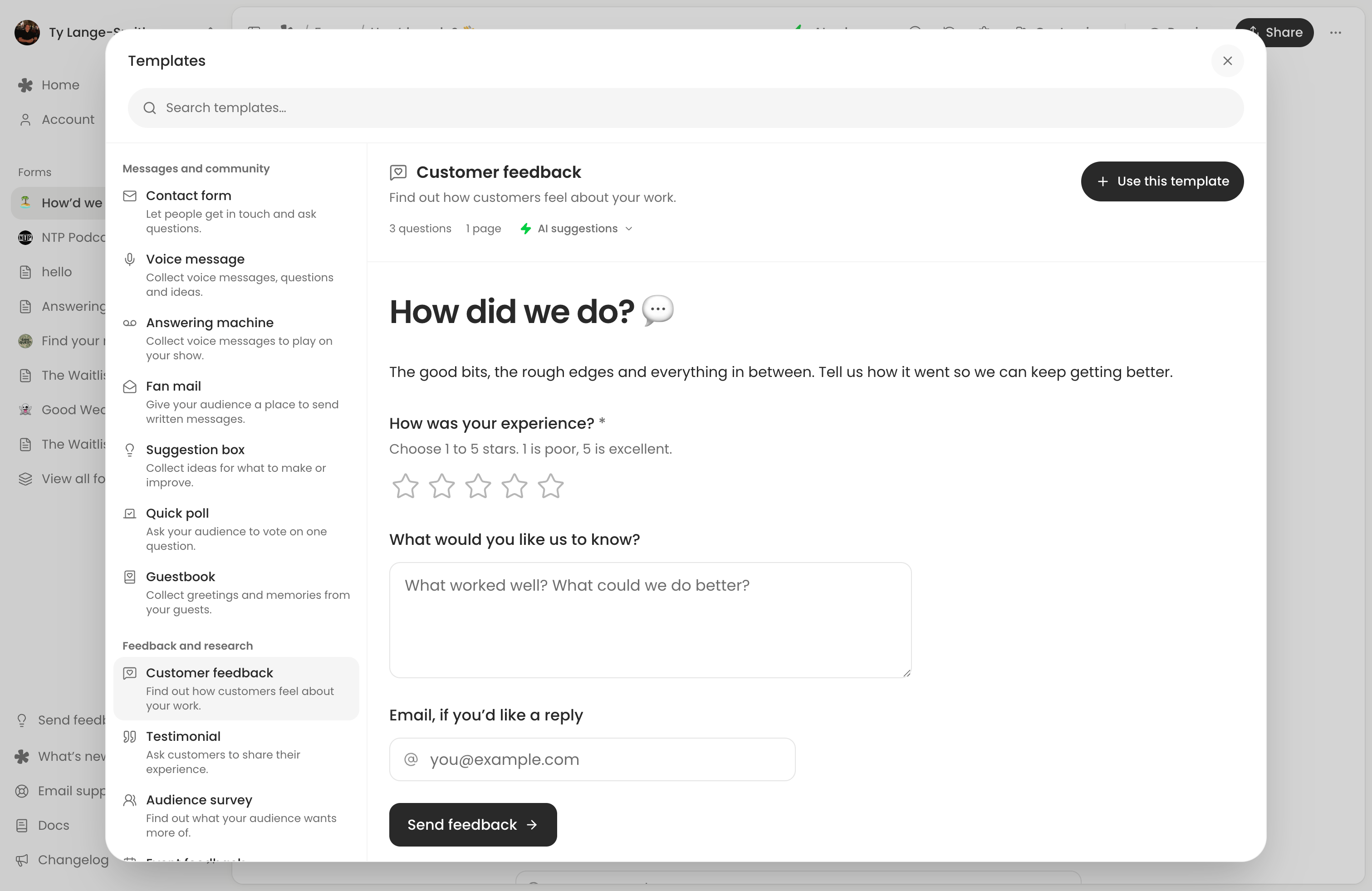 The whatayarn template library showing the customer feedback template and other form types.