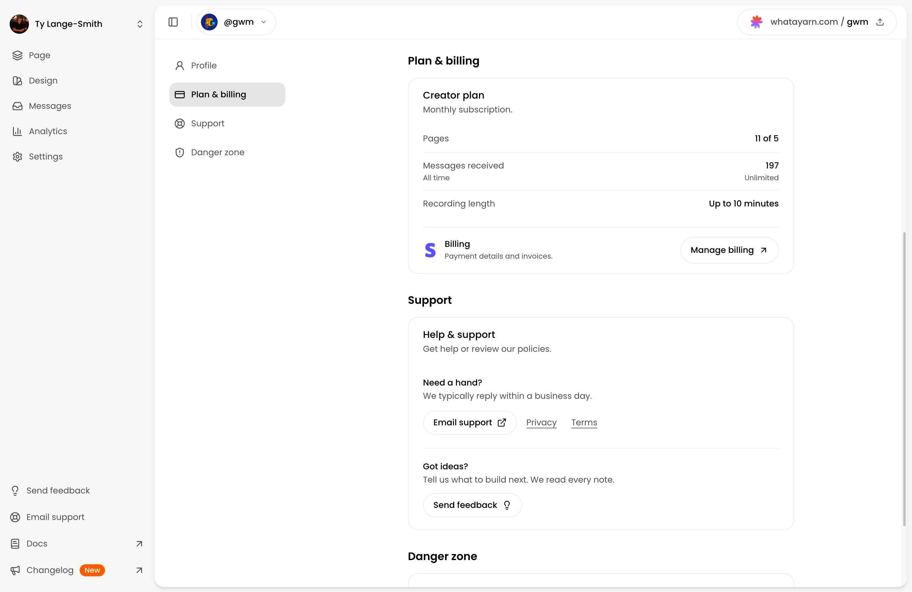 Account's Creator plan card showing page and message counts, the recording limit, and Manage billing, with Support below