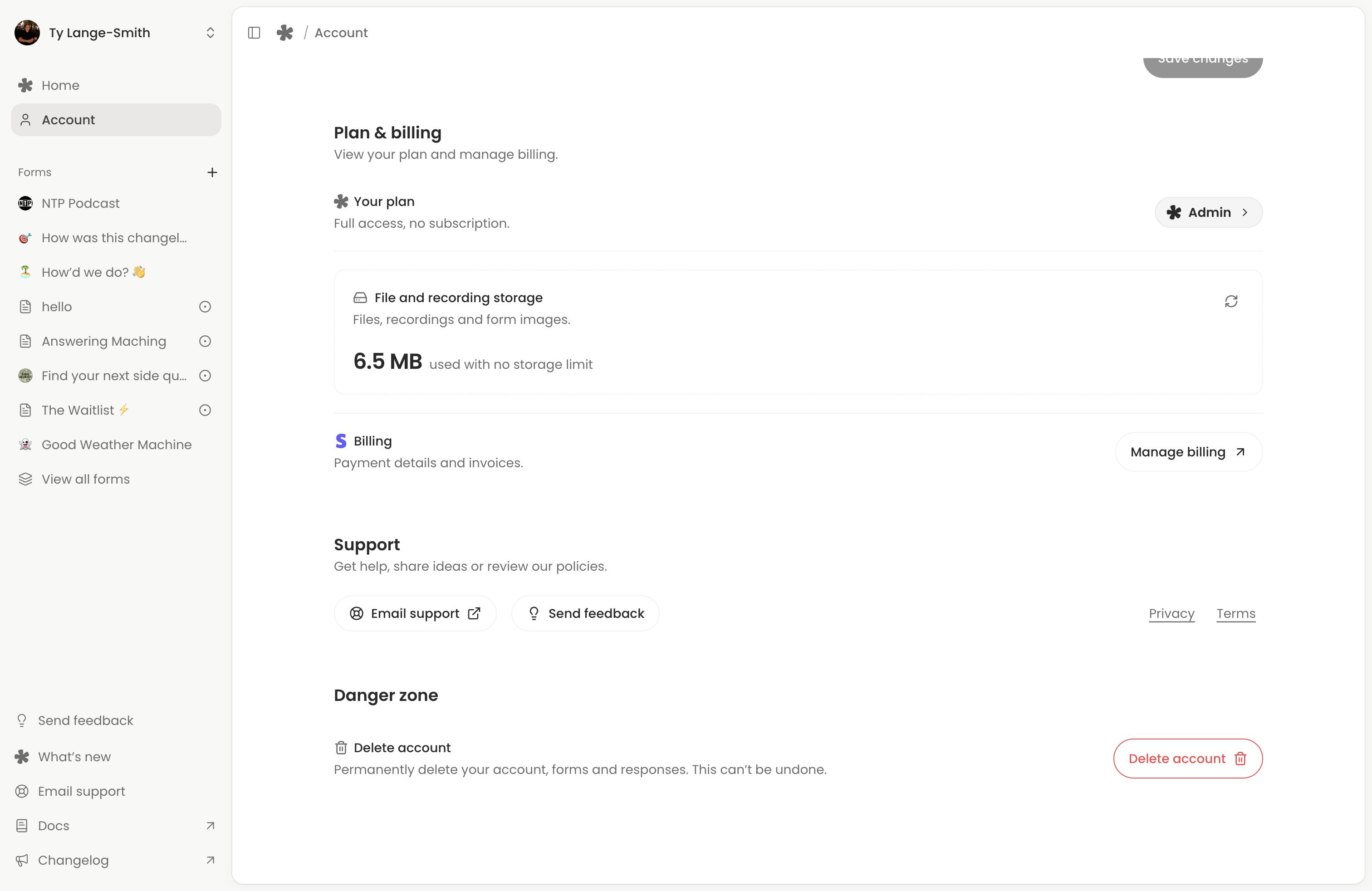 Account showing Plan and billing, an Admin plan, storage usage, Manage billing and support controls.