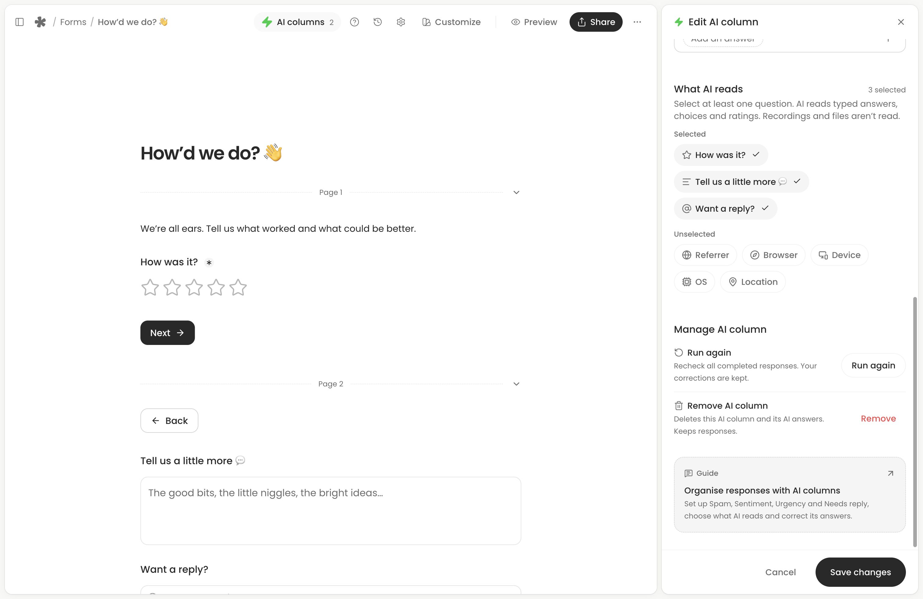 Existing Sentiment settings scrolled to selected question sources, Run again and Remove AI column.