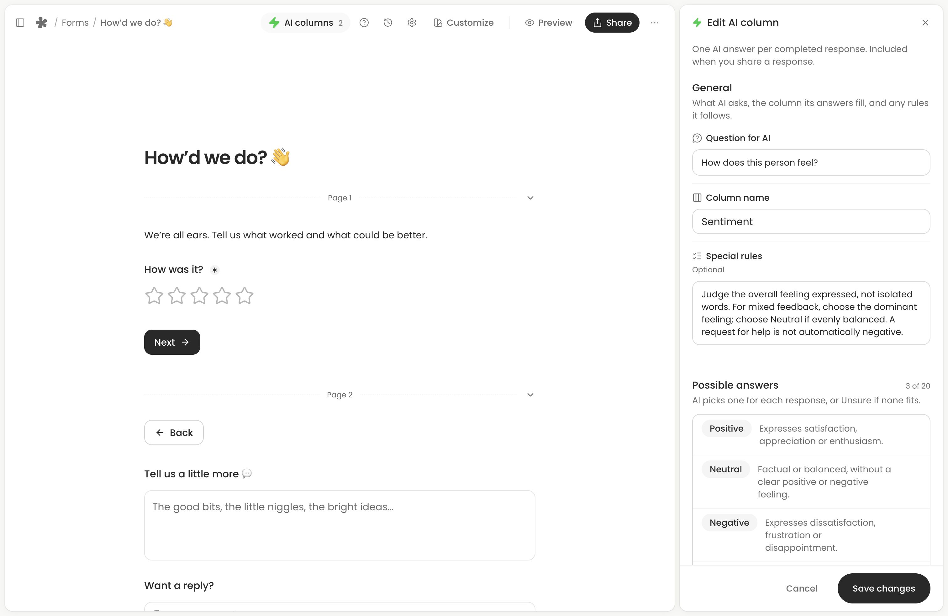 An existing Sentiment column on Creator showing Question for AI, Column name, Special rules and Possible answers.