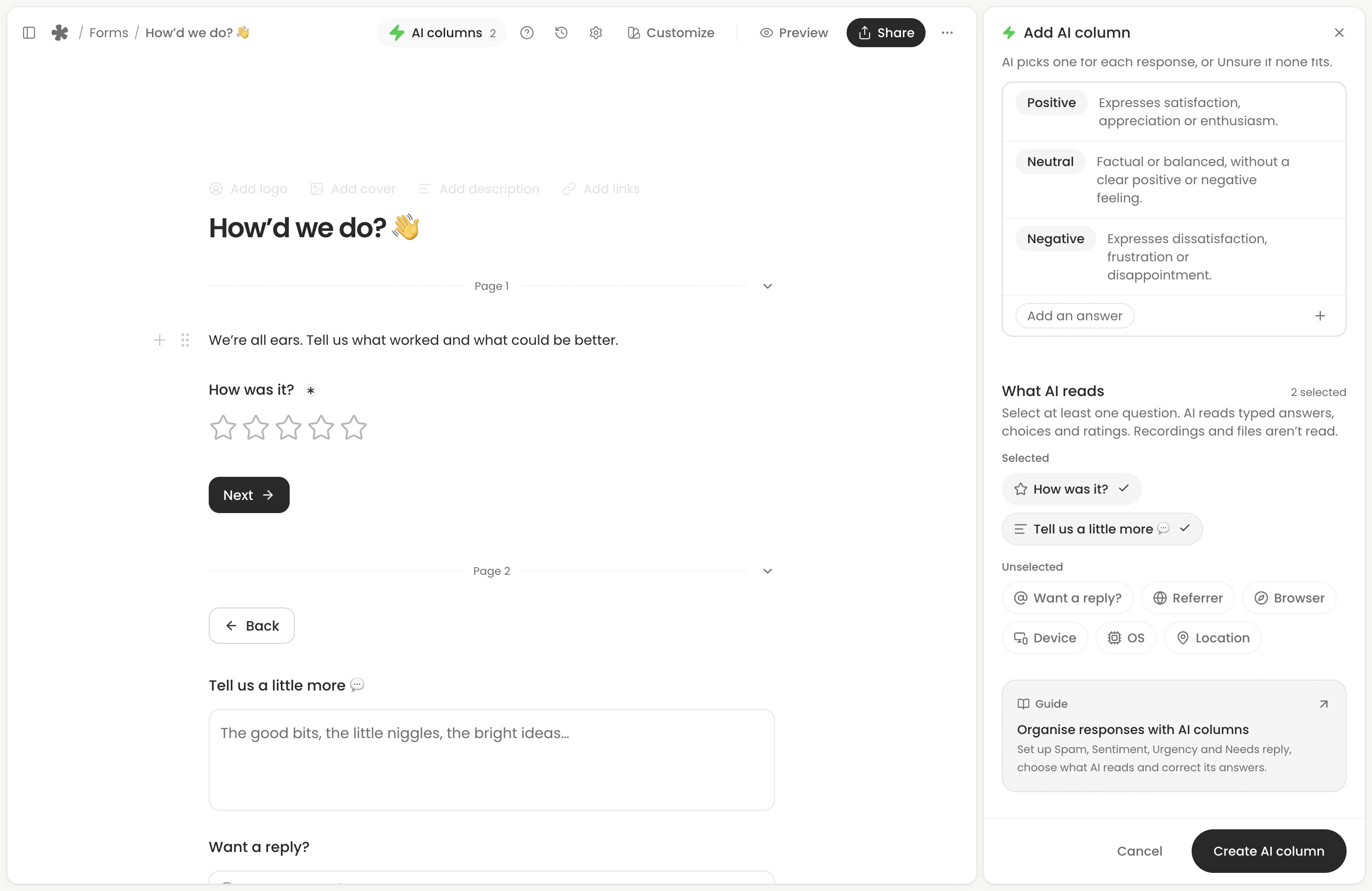 An unsaved Sentiment setup with the rating and written feedback selected and email and visitor details unselected.