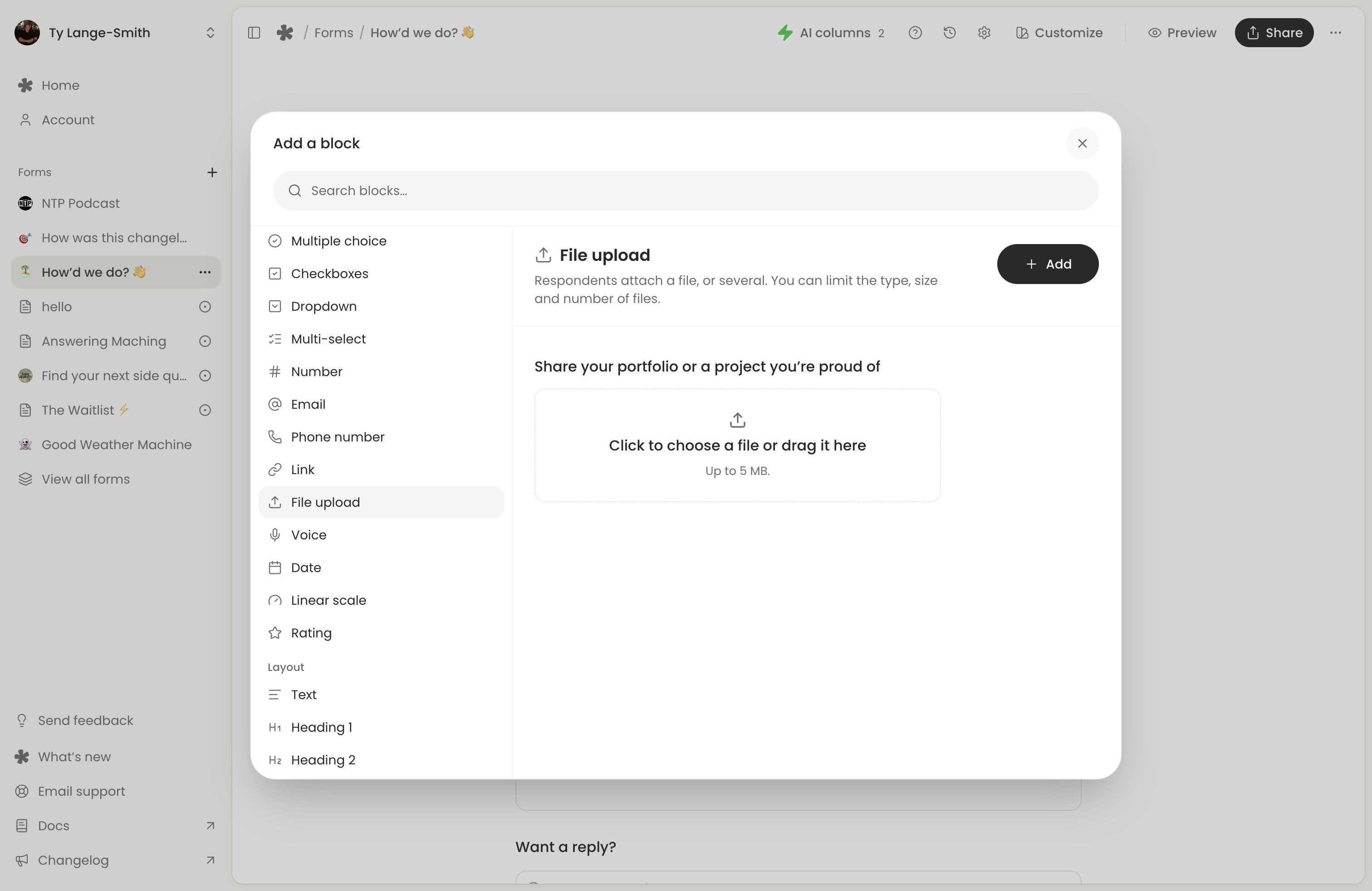 The Add a block picker with File upload selected and its empty drop zone showing Up to 5 MB.