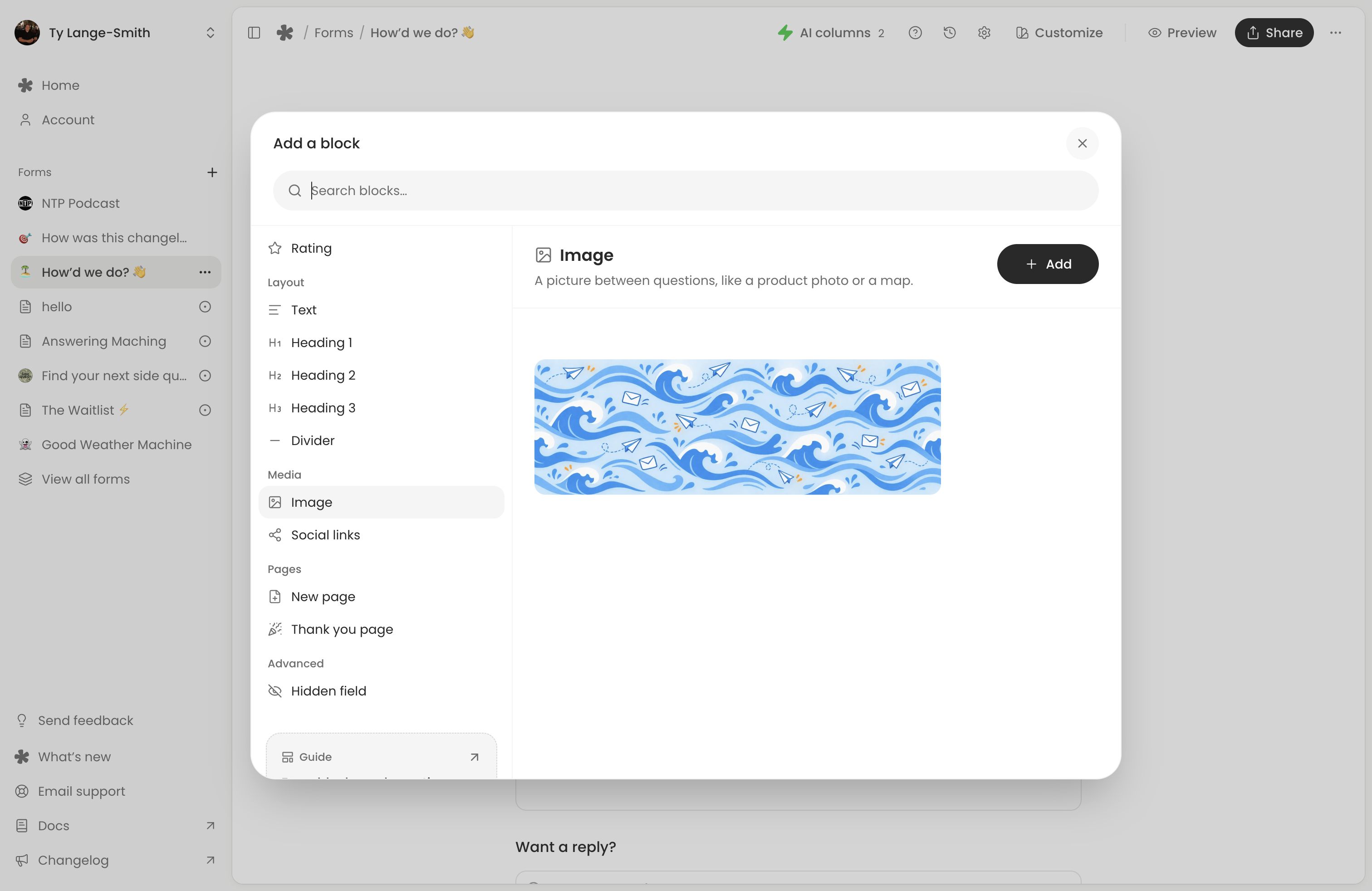 The Add a block picker with Image selected and its sample blue illustration shown in the preview.