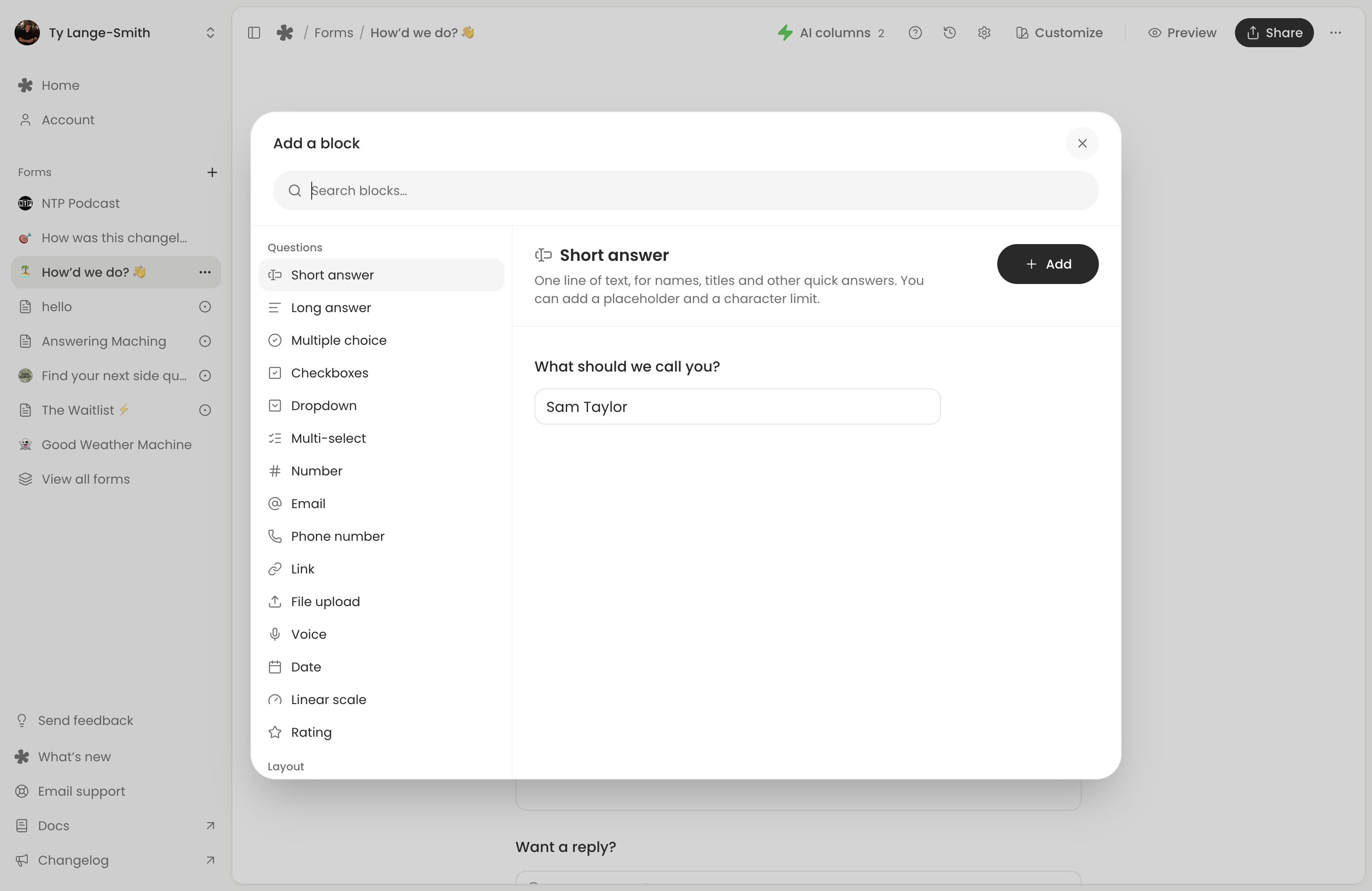 The current Add a block dialog with question types, layout blocks and a built-in preview.