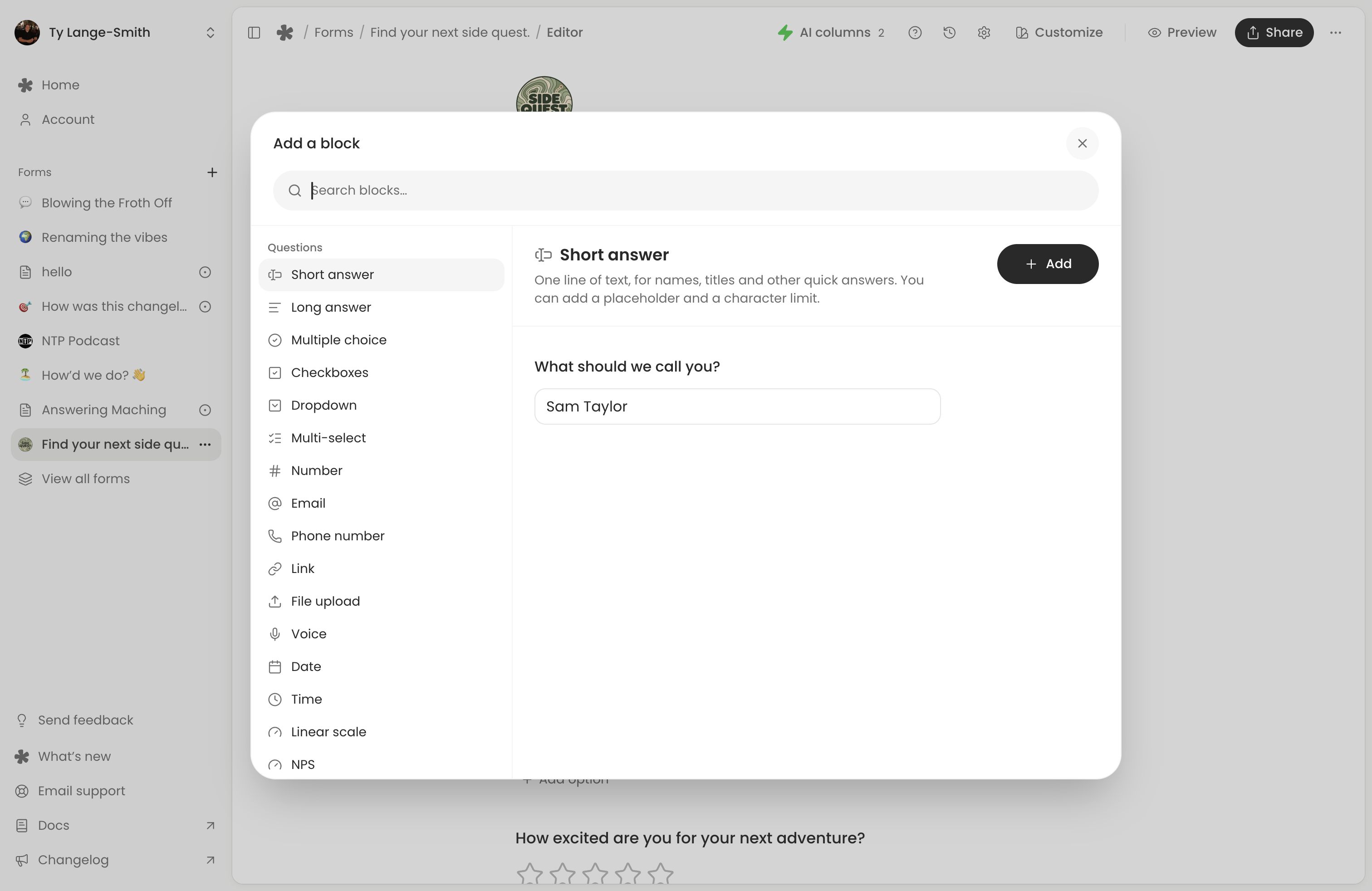 Add a block with question types and a Short answer preview.
