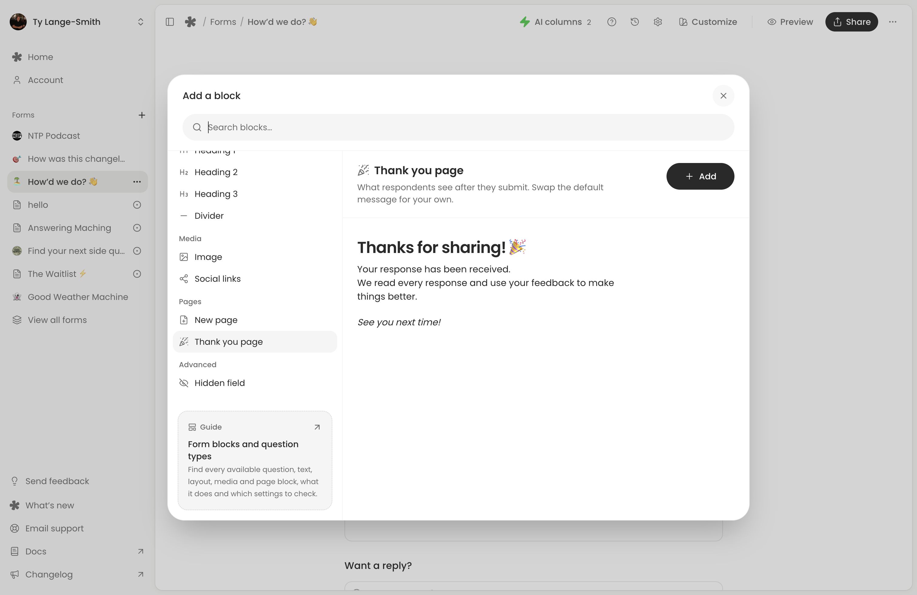 The Add a block picker with Thank you page selected and its example post-submission heading and text.