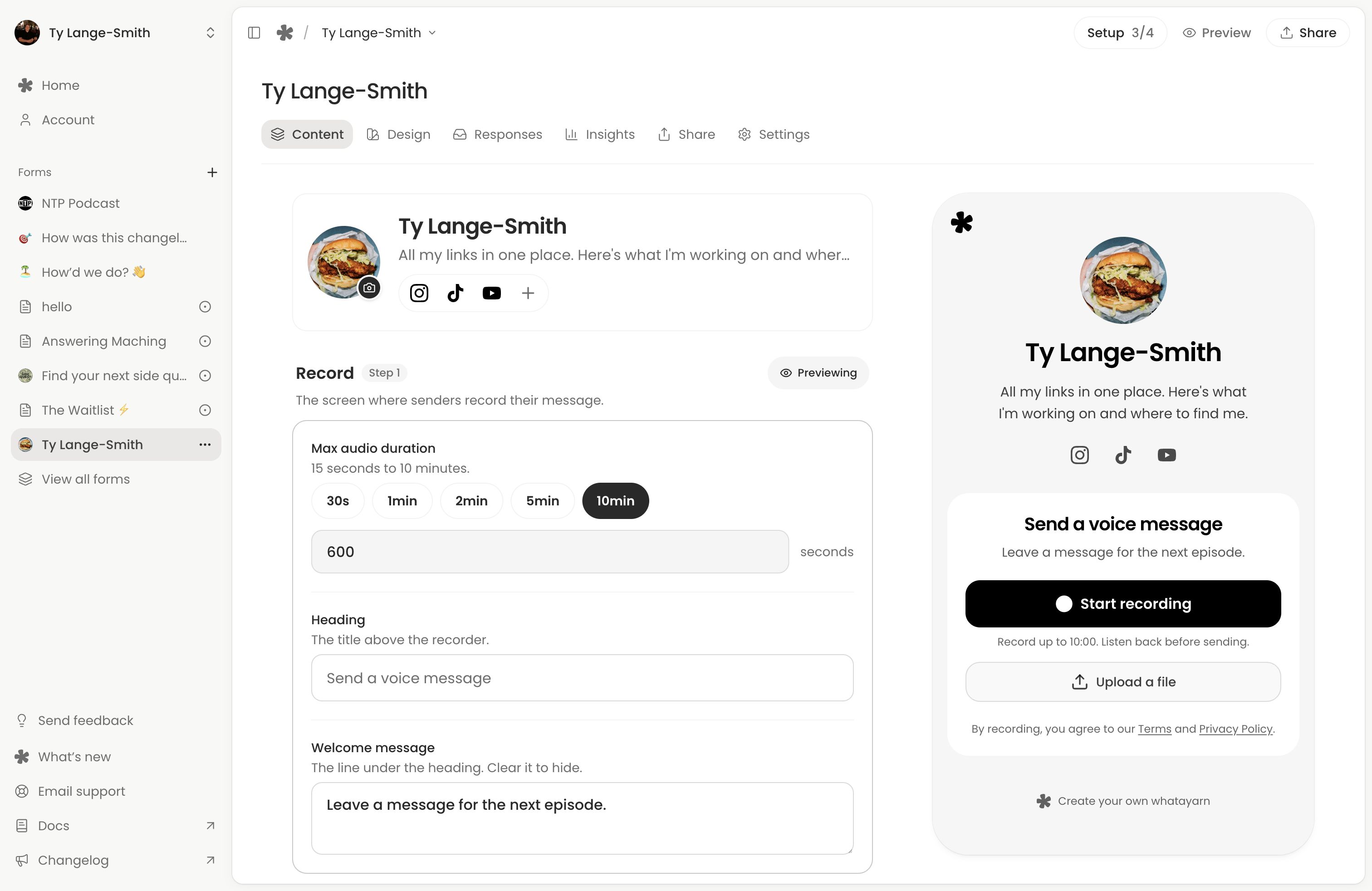 An existing Classic page on Content, with duration and welcome-message controls beside its recording-first preview.