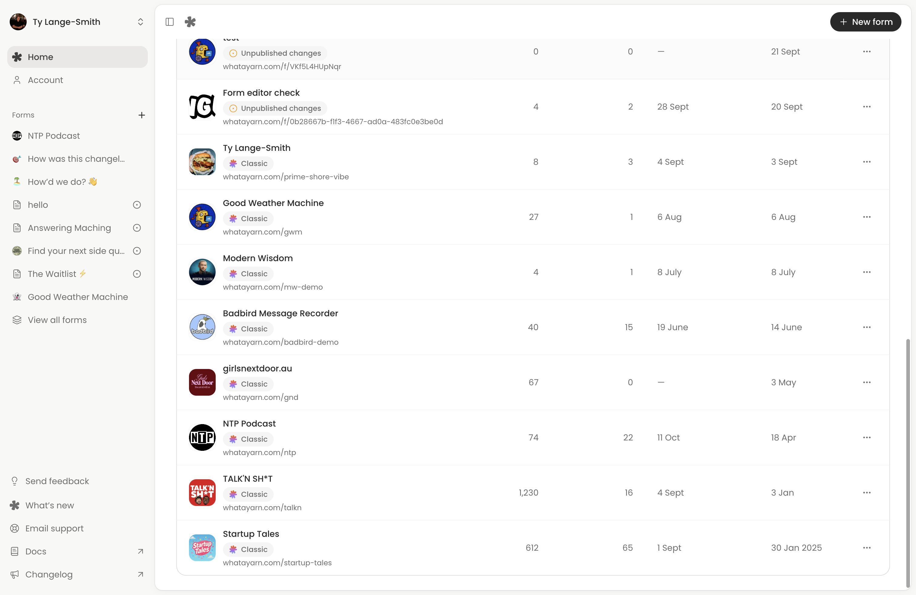The Forms list scrolled to existing entries marked Classic beside newer forms.