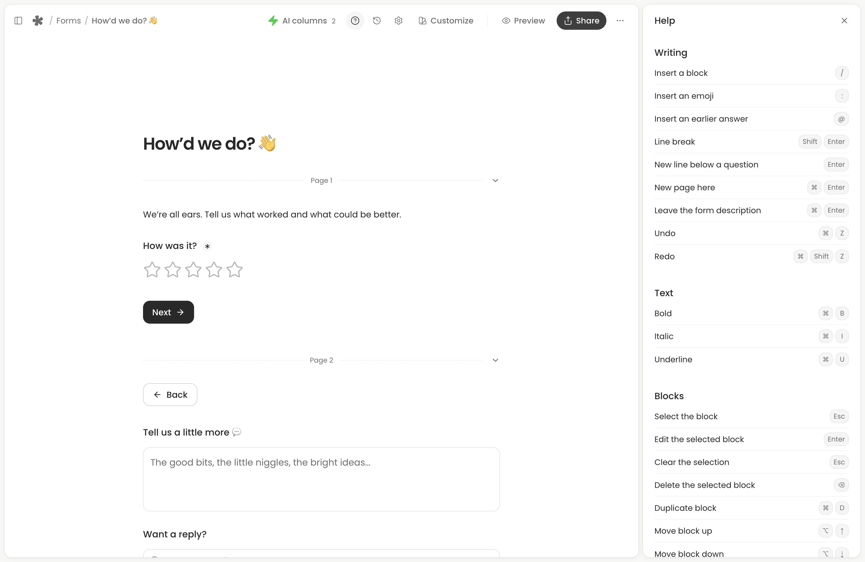 The editor Help panel listing Writing, Text and Block keyboard shortcuts.